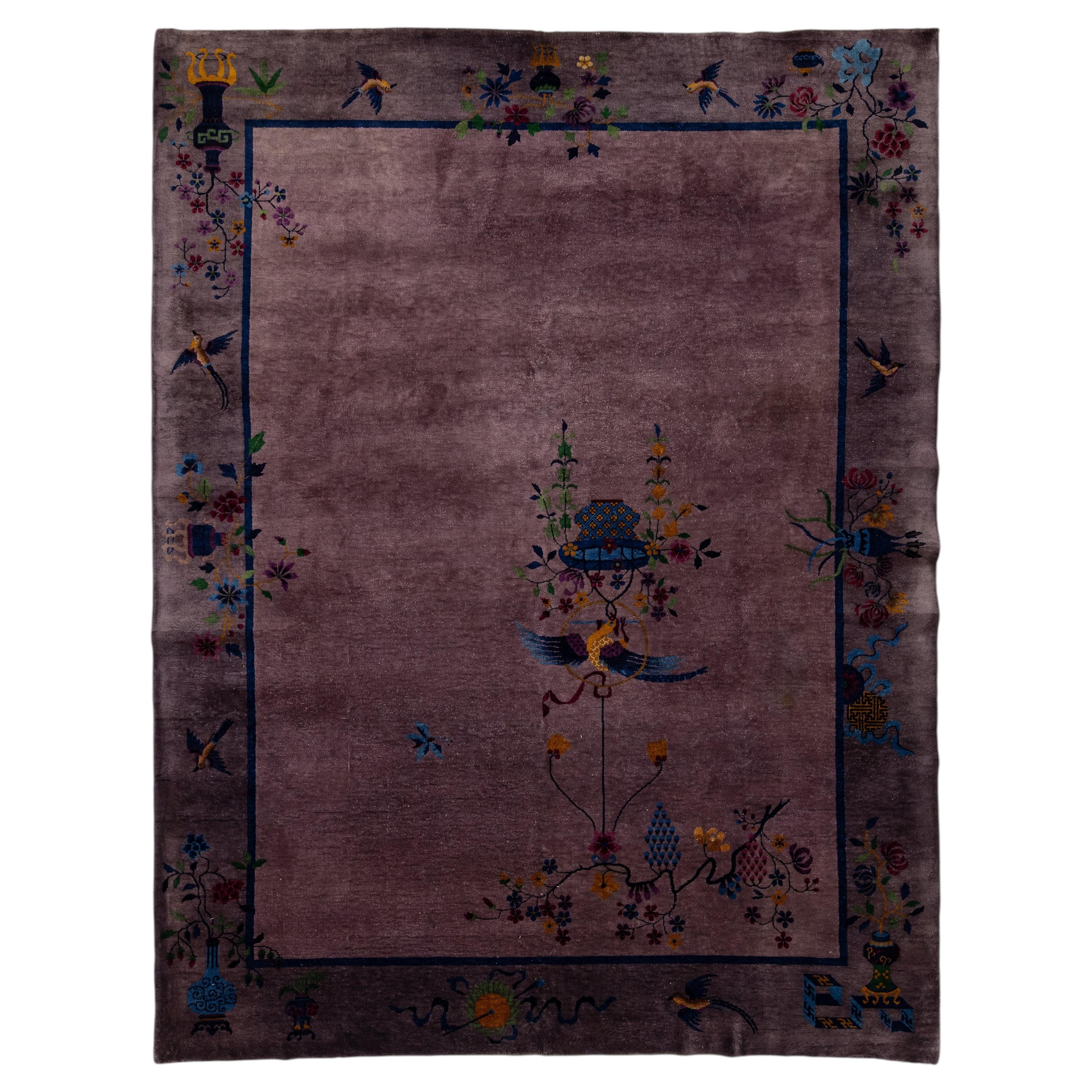 Antique Chinese Art Deco Rug Plum Purple Wool Floral & Bird Motif 9x12