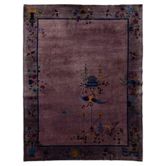 Antique Chinese Art Deco Rug  Plum Purple Wool Floral & Bird Motif 9x12