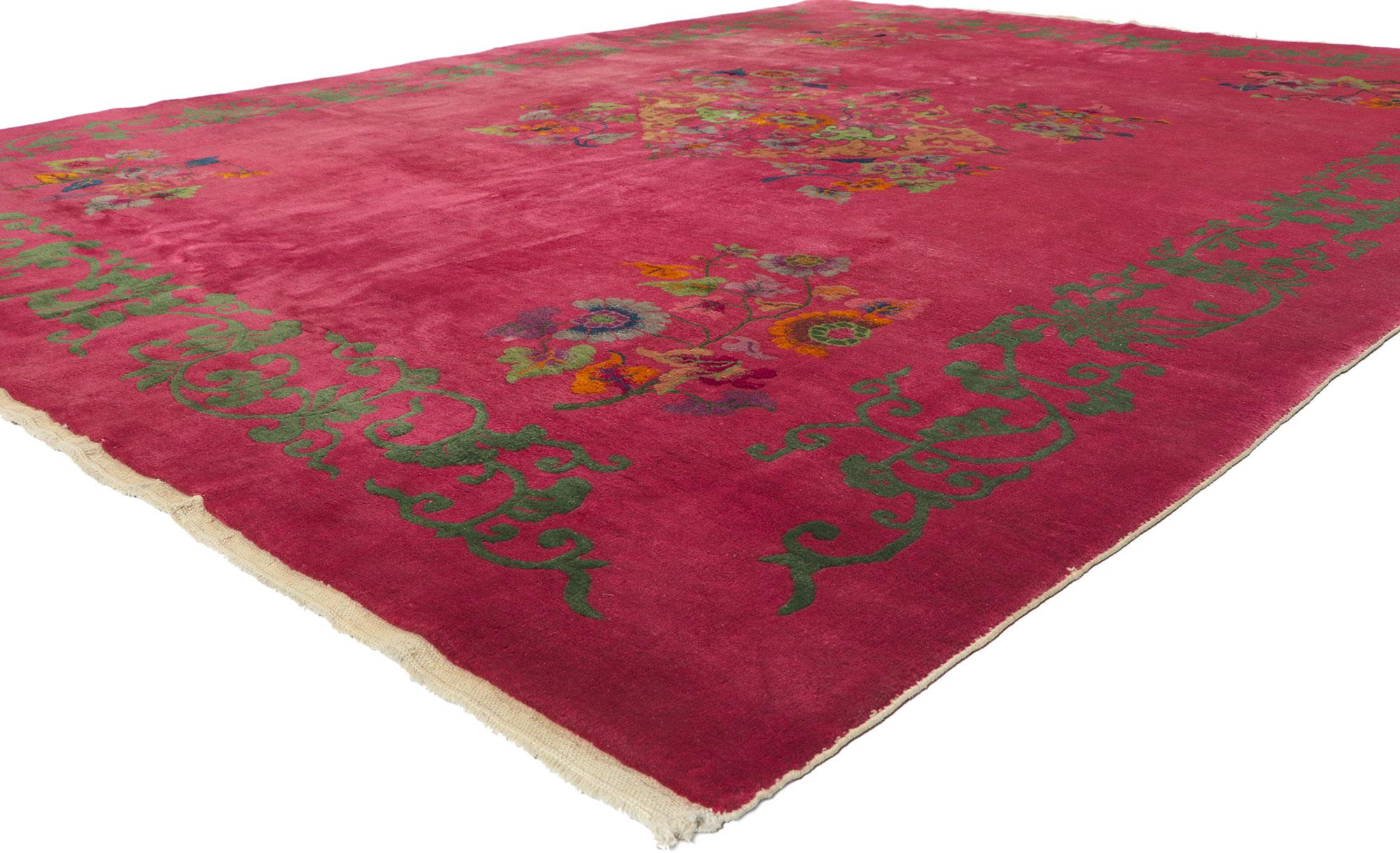 78301 Antique Chinese Art Deco Rug, 08'10 x 11'06.
​Emulating sensual decadence with maximalist style and lavish texture, this antique Chinese Art Deco rug cultivates a desire for bold and exotic. The intricate floral design and saturated jewel-tone