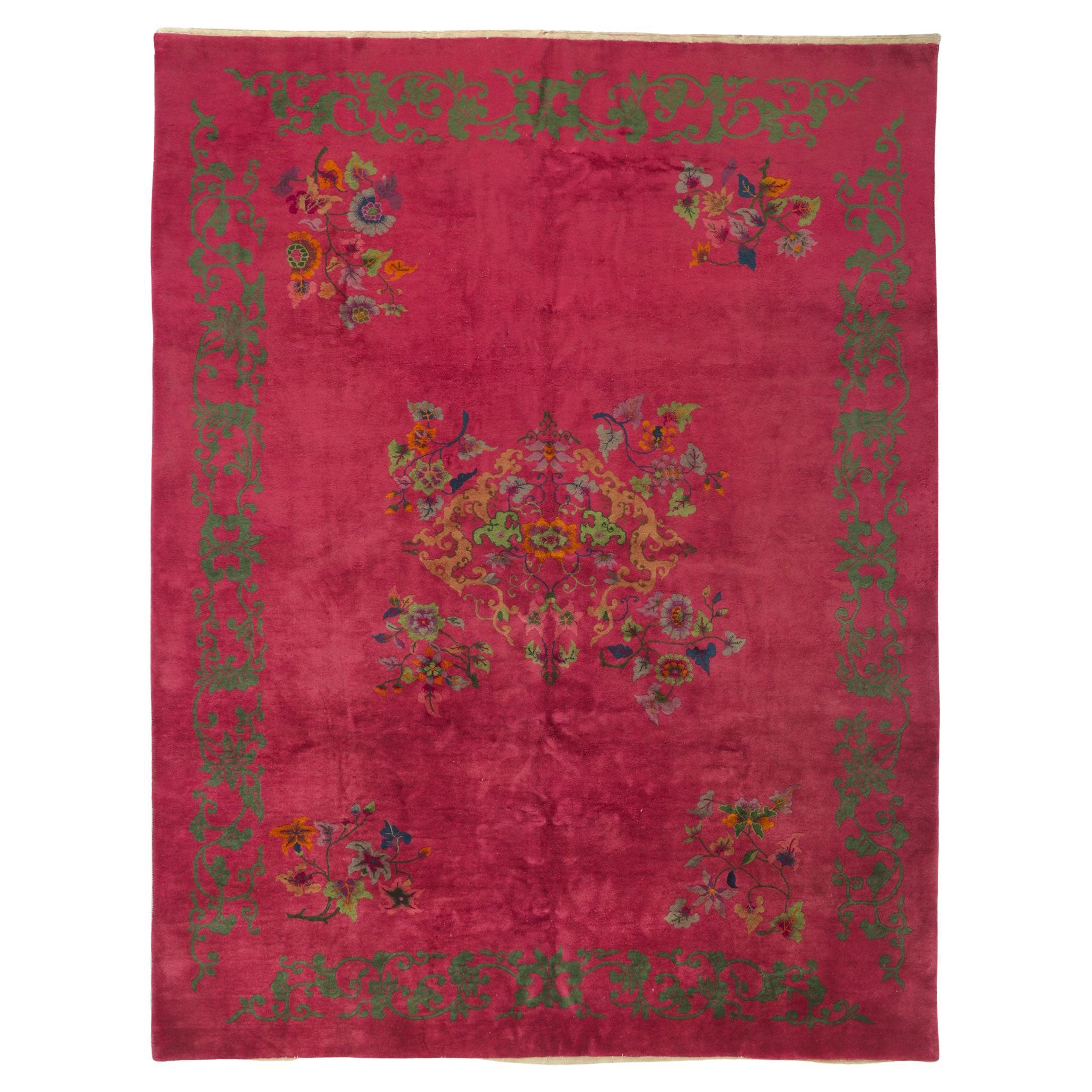 Antique Chinese Art Deco Rug, Sensual Decadence Meets Maximalist Style For Sale