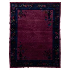 Antique Chinese Art Deco Rug  Vibrant Plum & Navy Wool 9X12