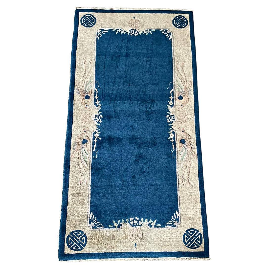 Antique Chinese Art Deco Rug w/ Blue Field & Cream Border