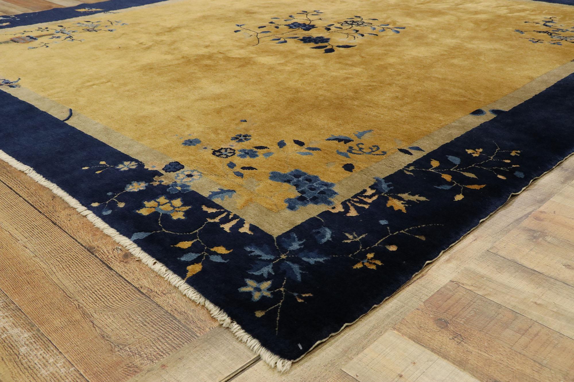 Hand-Knotted Antique Chinese Art Deco Rug with Chinoiserie Style