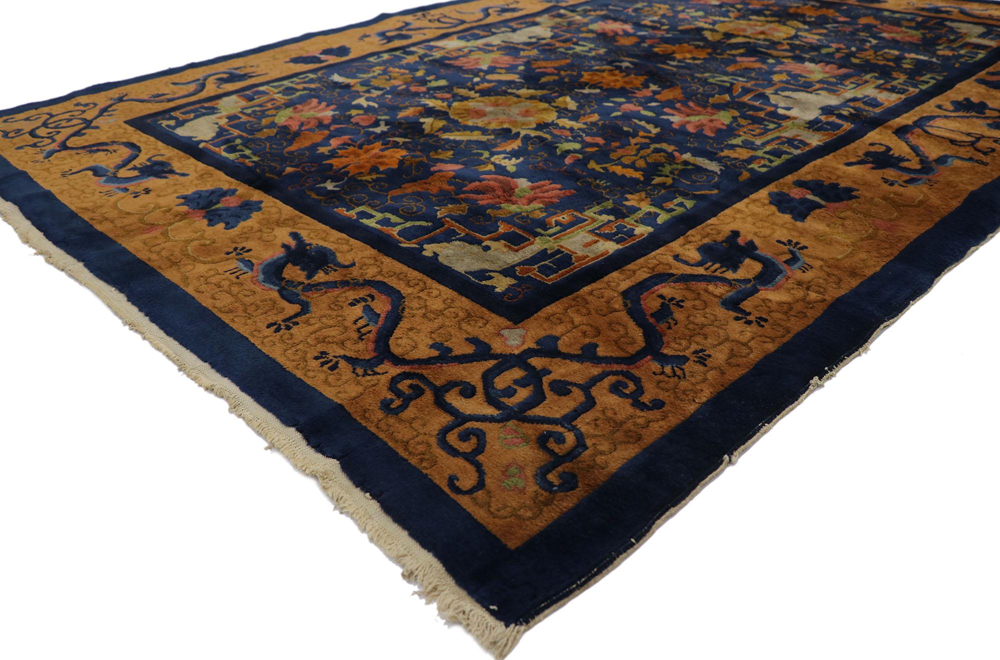 21679 Antique Chinese Art Deco Rug, 06'01 x 08'09. Chinese Art Deco rugs originated in China during the 1920s and 1930s, reflecting the bold geometric patterns, vibrant colors, and luxurious materials characteristic of the Art Deco movement. These