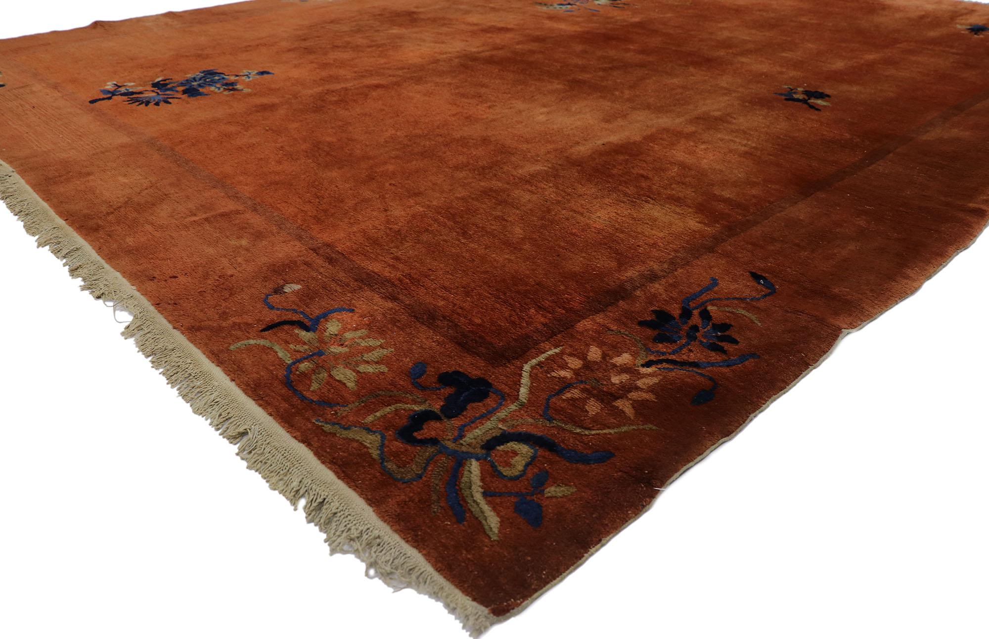 78127 antique Chinese Art Deco rug with Eclectic Jazz Age style 09'01 x 11'06. With its effortless beauty and rustic sensibility, this hand-knotted wool antique Chinese Art Deco rug will take on a curated lived-in look that feels timeless while