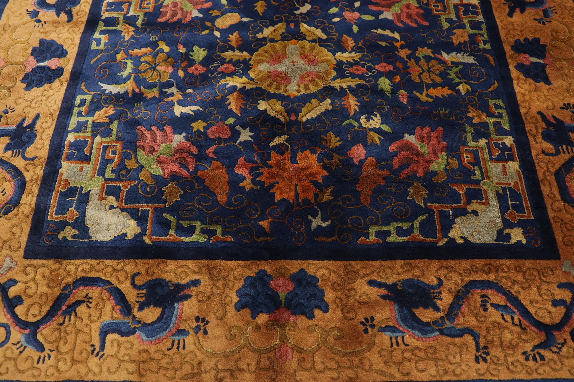 Maximalist Antique Chinese Art Deco Rug with Dragon Border In Good Condition For Sale In Dallas, TX