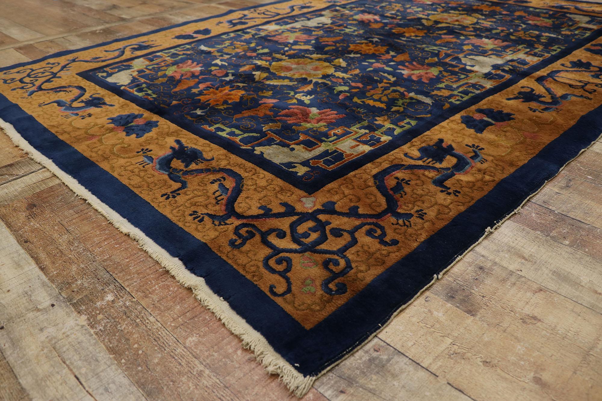 Wool Maximalist Antique Chinese Art Deco Rug with Dragon Border For Sale