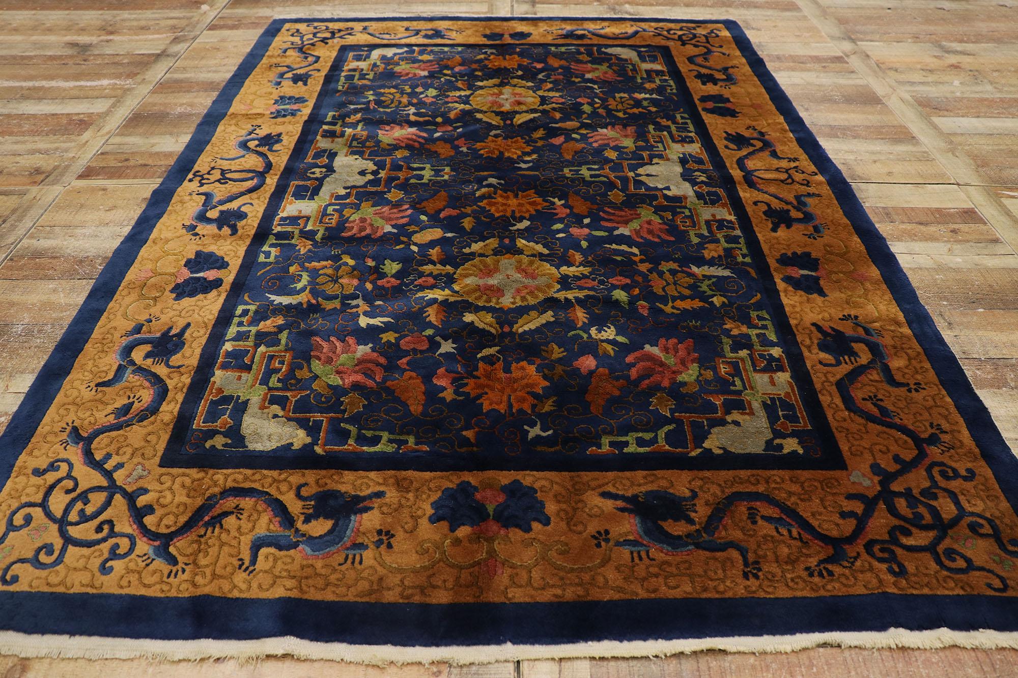 Maximalist Antique Chinese Art Deco Rug with Dragon Border For Sale 1