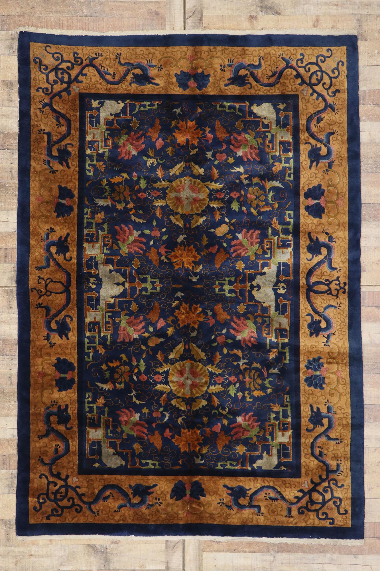 Maximalist Antique Chinese Art Deco Rug with Dragon Border For Sale 2