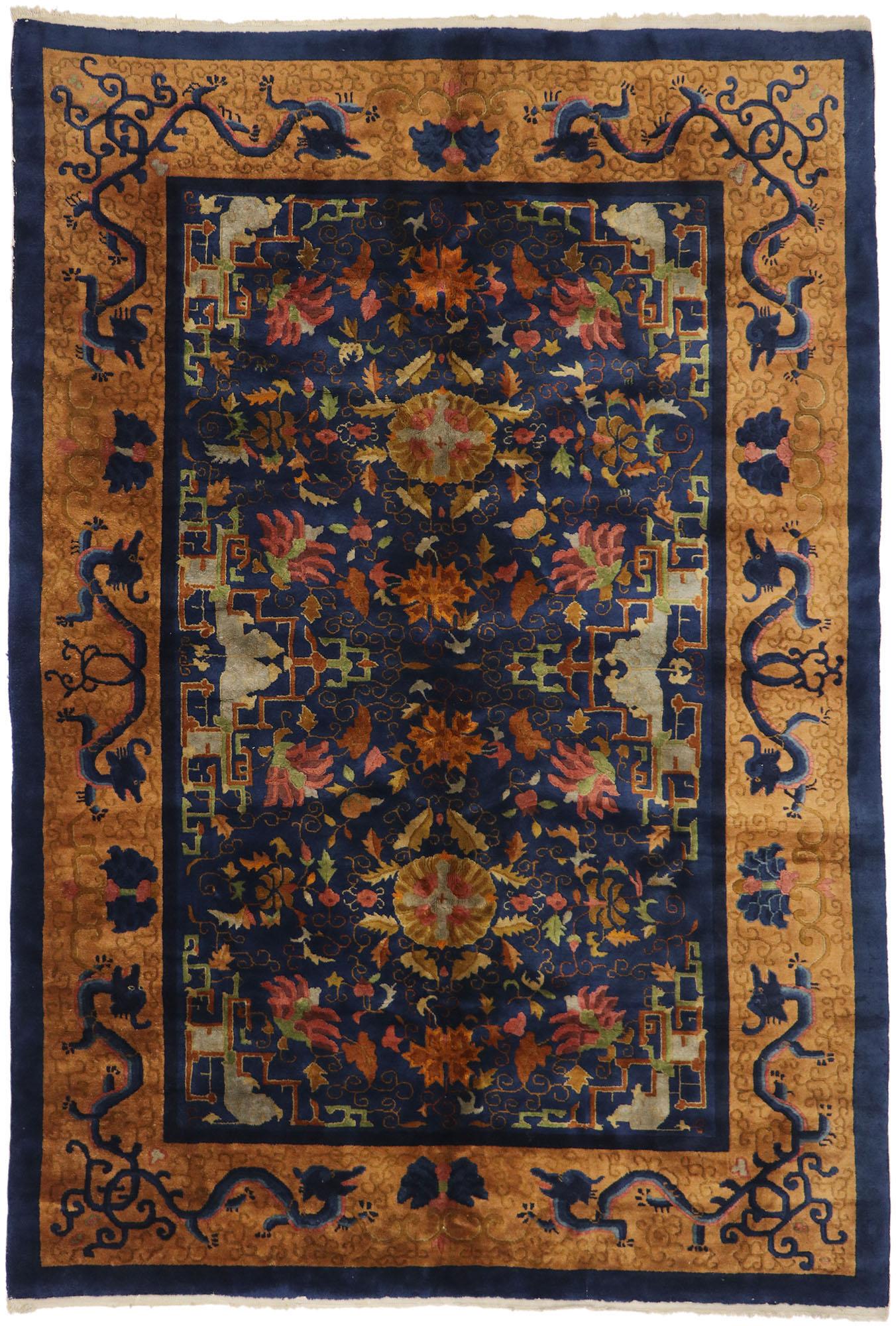 Maximalist Antique Chinese Art Deco Rug with Dragon Border For Sale 3