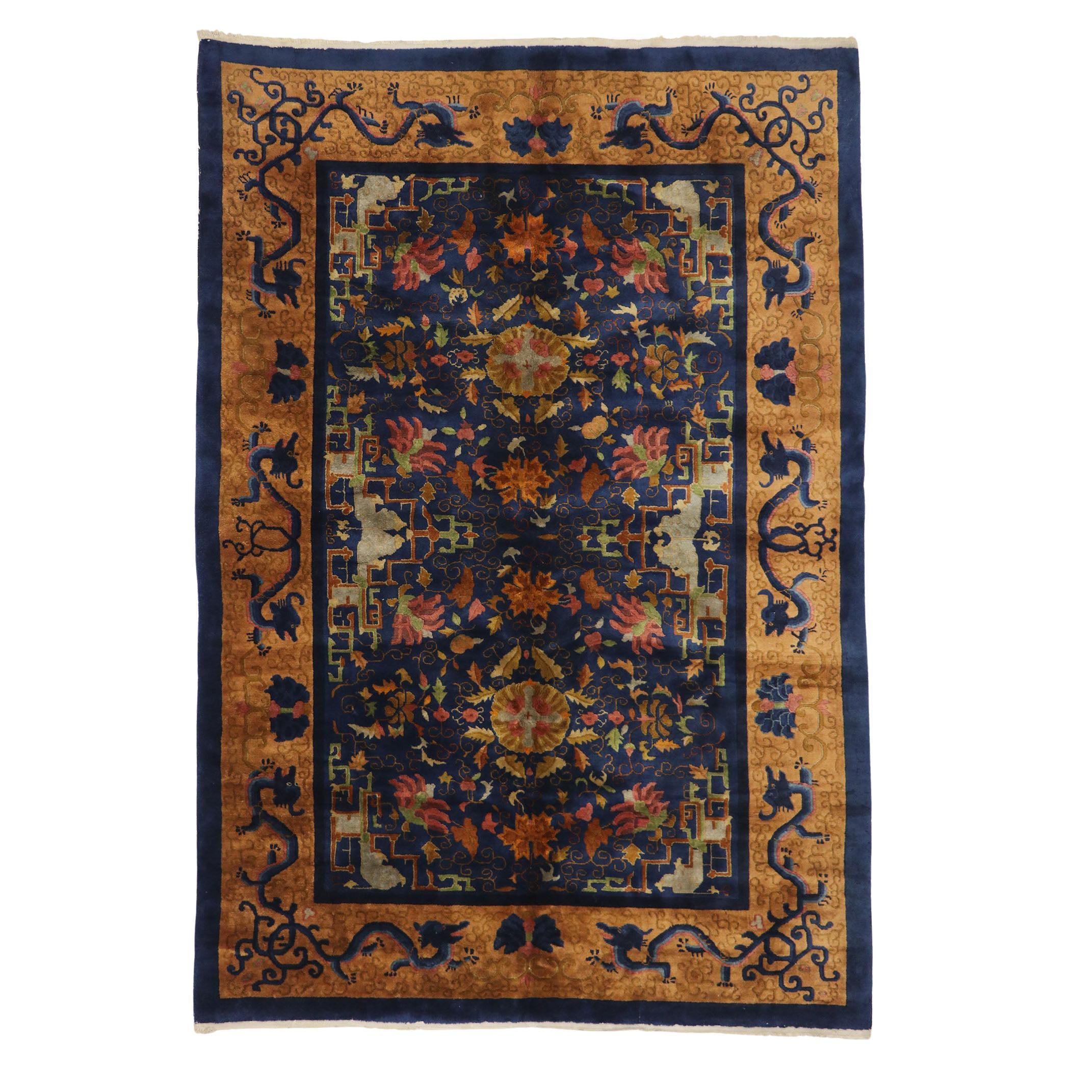 Maximalist Antique Chinese Art Deco Rug with Dragon Border