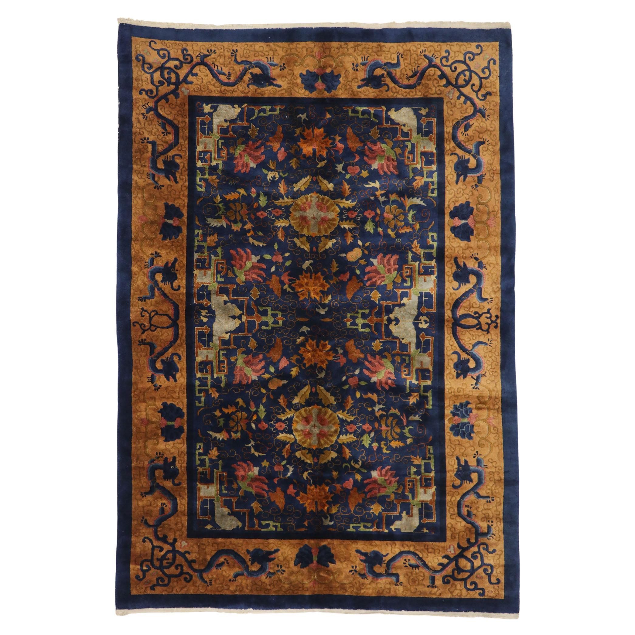 Maximalist Antique Chinese Art Deco Rug with Dragon Border For Sale