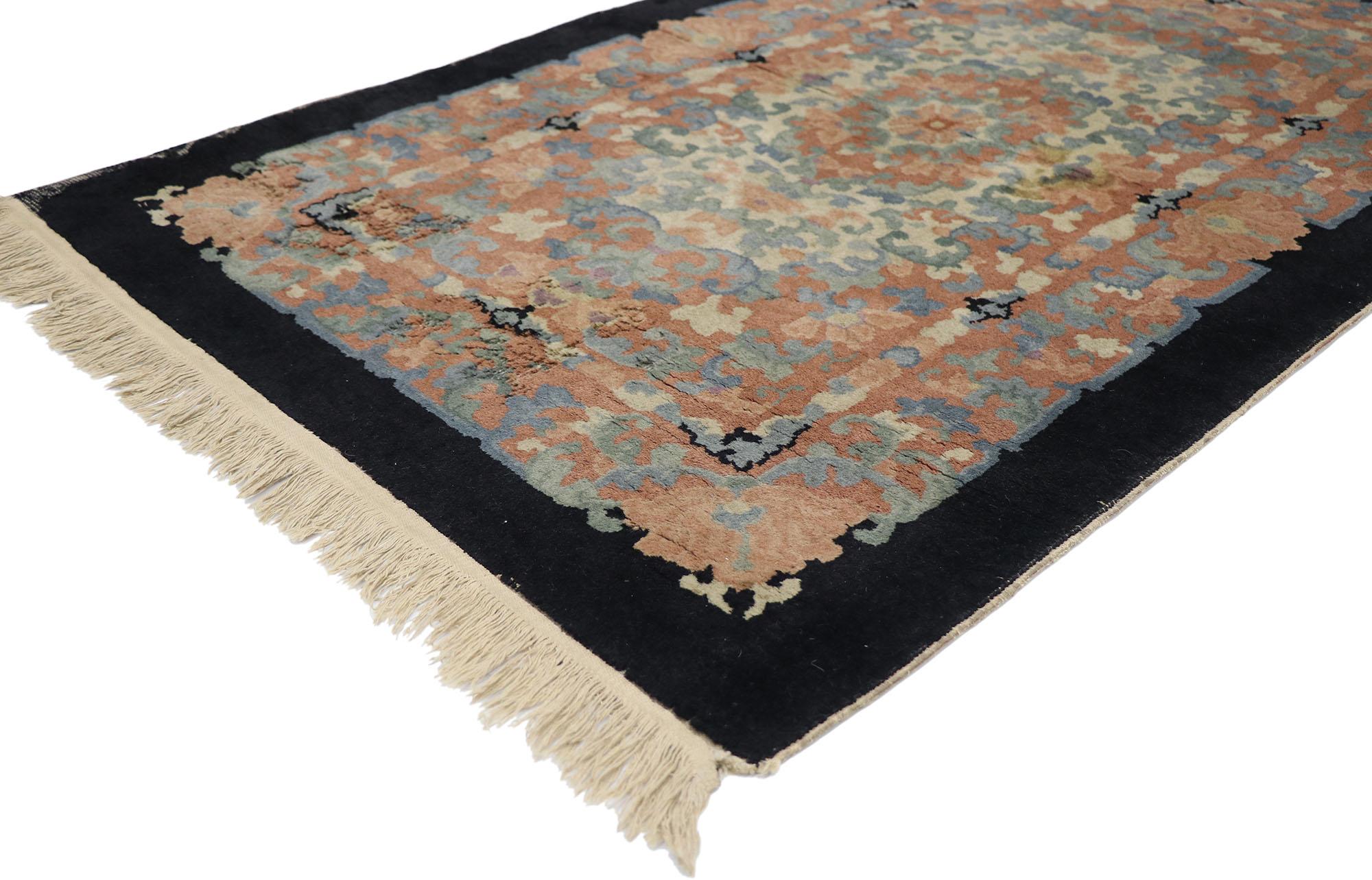 77782 Antique Chinese Art Deco Rug with European Influenced Chinoiserie Style 03'02 x 05'00. This hand knotted wool antique Chinese Art Deco rug features a subtle all-over arabesque pattern spread across a beige field enclosed by an ornate floral