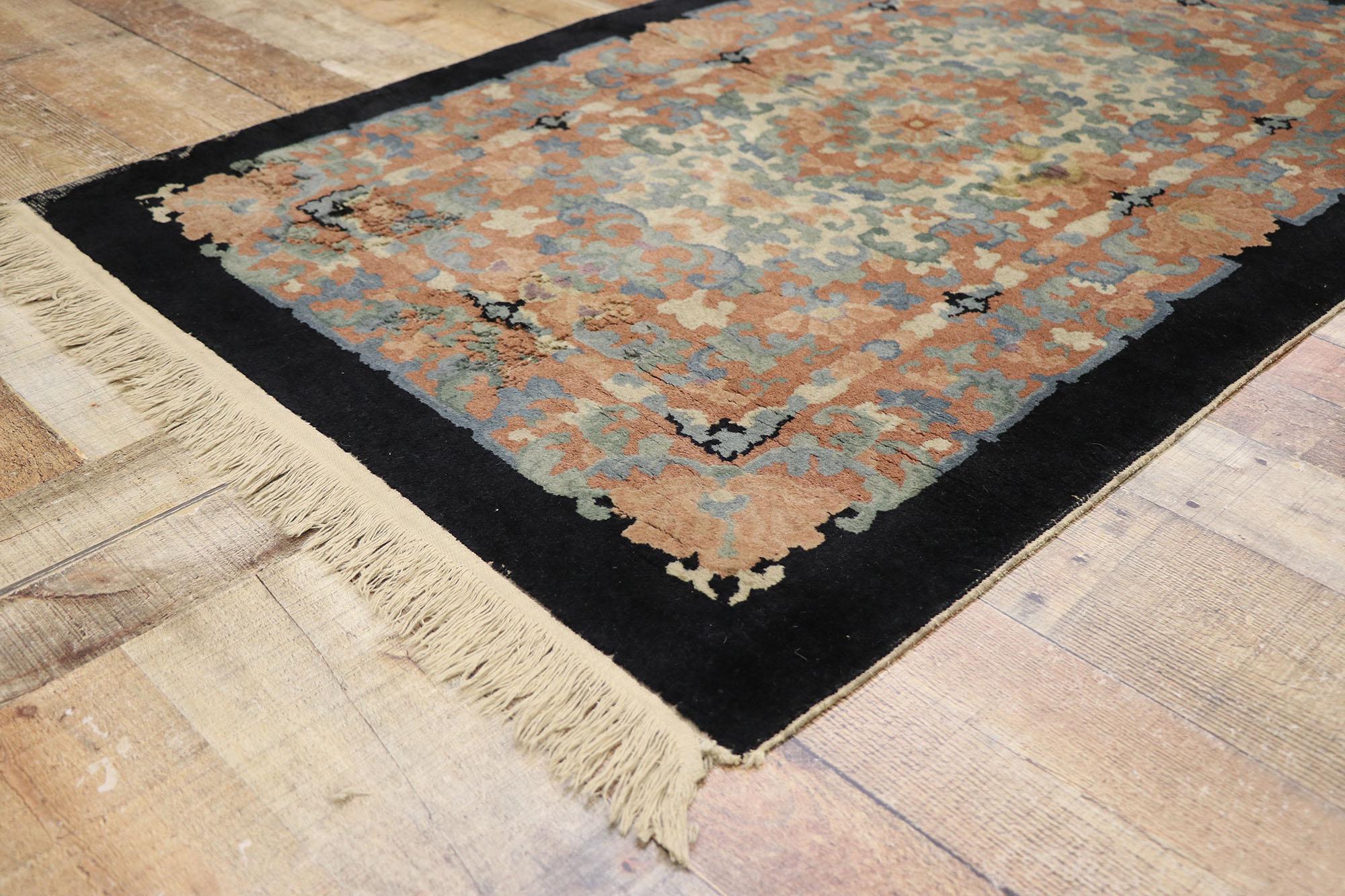 Antique Chinese Art Deco Rug with European Influenced Chinoiserie Style In Distressed Condition For Sale In Dallas, TX
