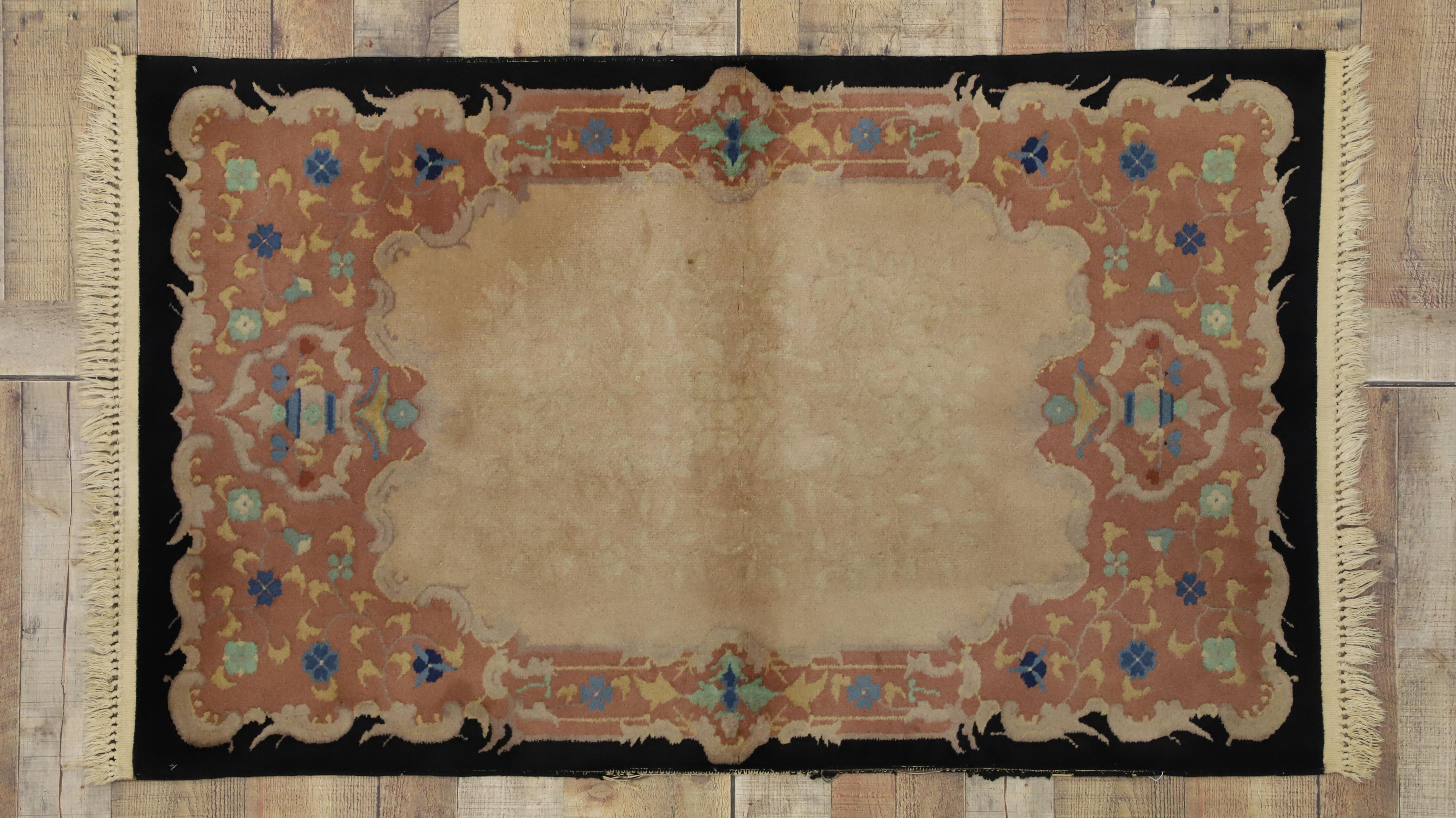 Wool Antique Chinese Art Deco Rug with European Influenced Chinoiserie Style For Sale