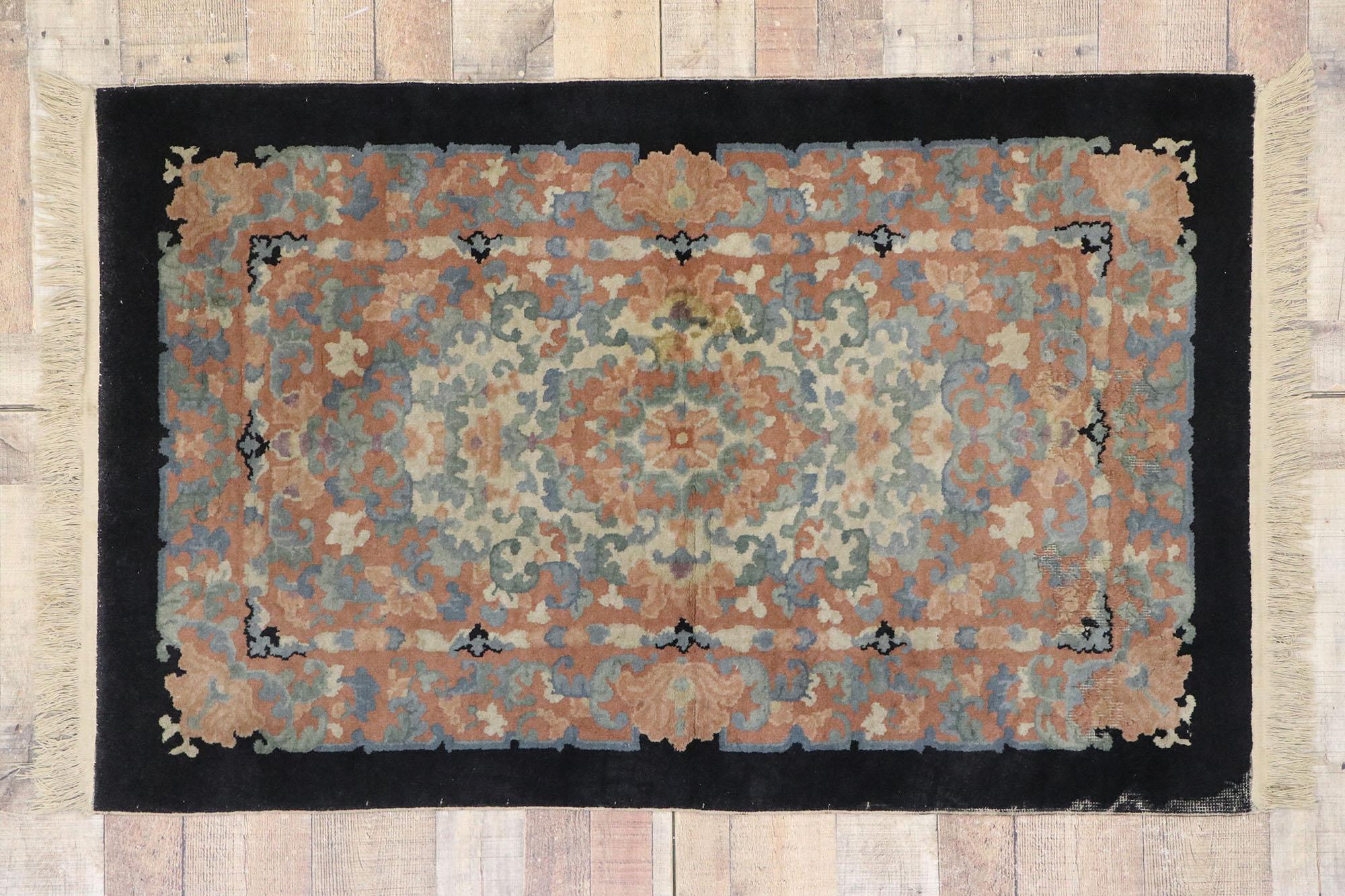 Wool Antique Chinese Art Deco Rug with European Influenced Chinoiserie Style For Sale