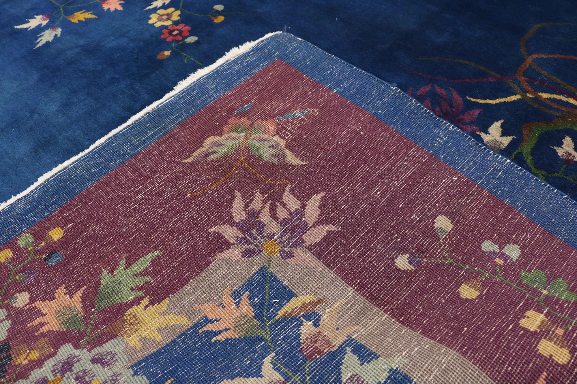 Antiker blauer chinesischer Art Deco Teppich  (Handgeknüpft) im Angebot