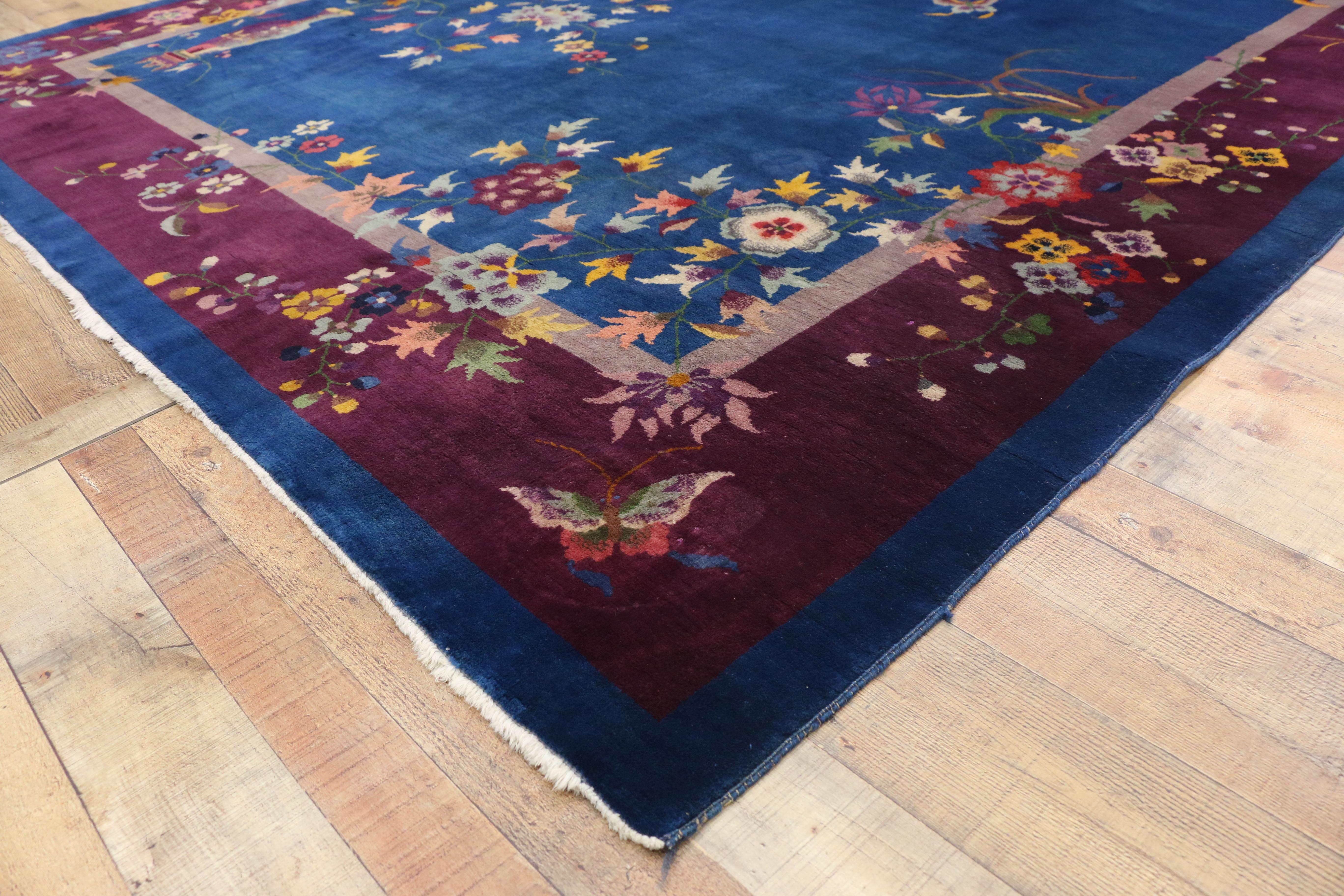 Hand-Knotted Antique Blue Chinese Art Deco Rug  For Sale