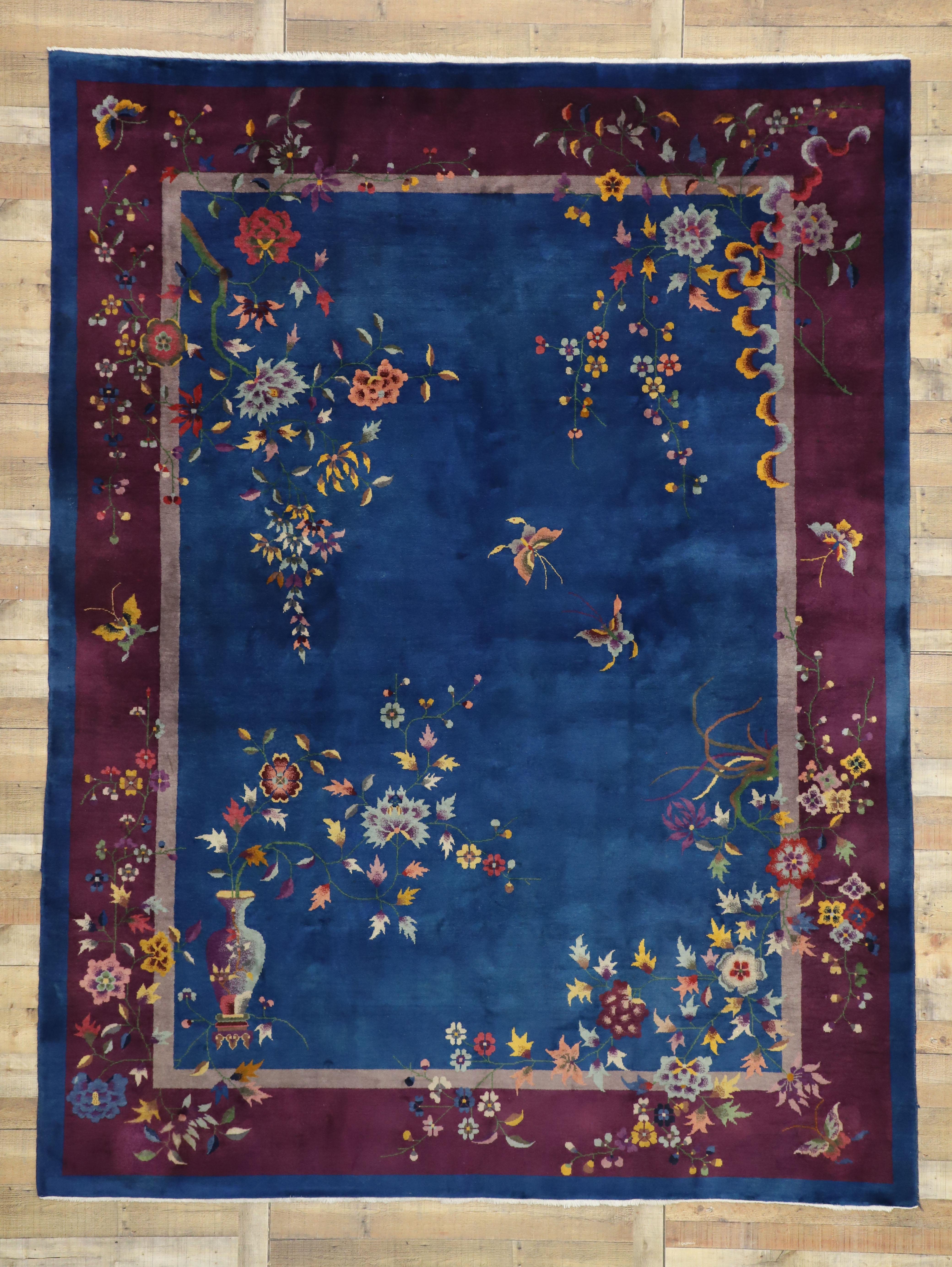 Antiker blauer chinesischer Art Deco Teppich  (20. Jahrhundert) im Angebot