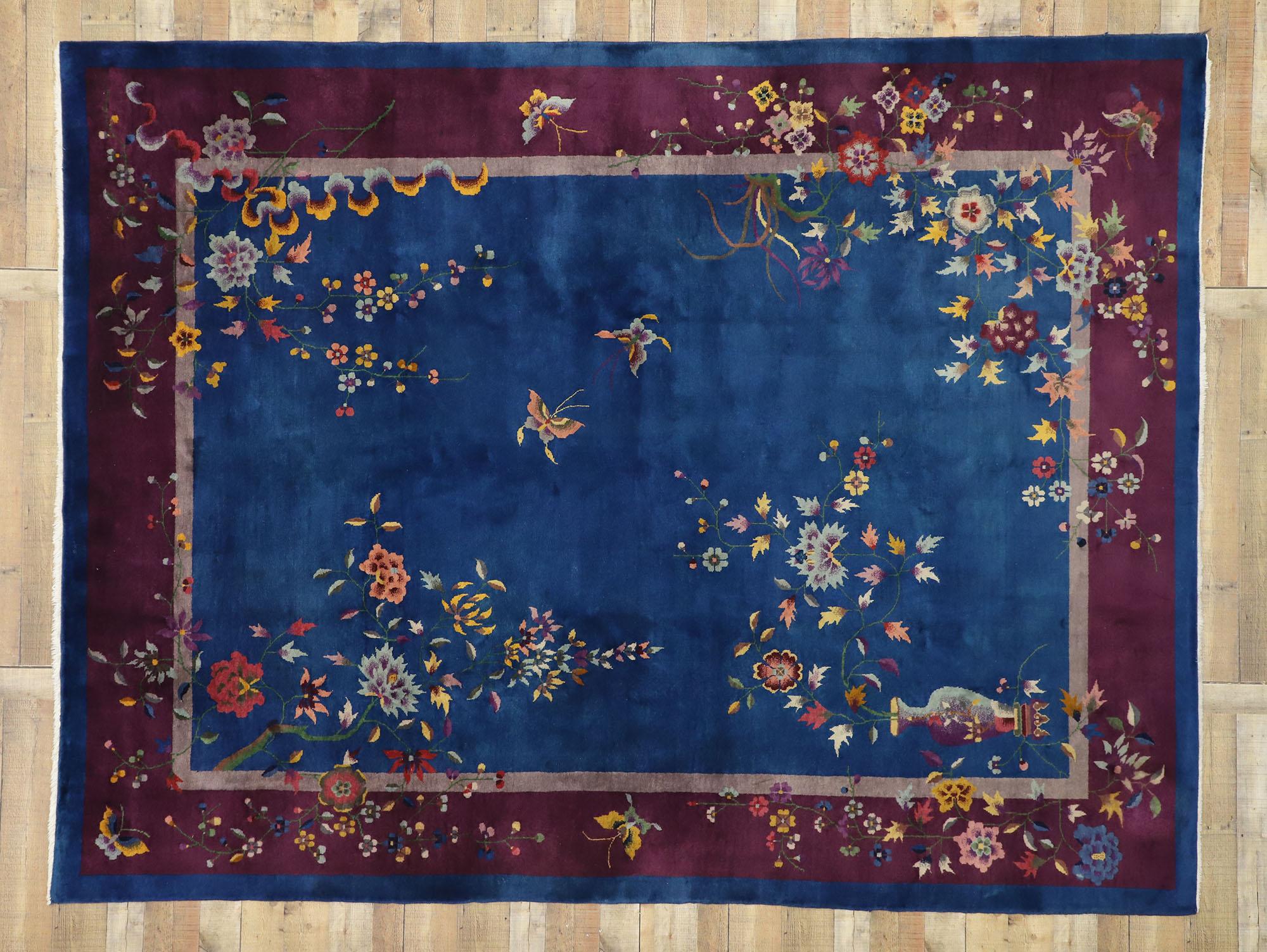 20th Century Antique Blue Chinese Art Deco Rug  For Sale