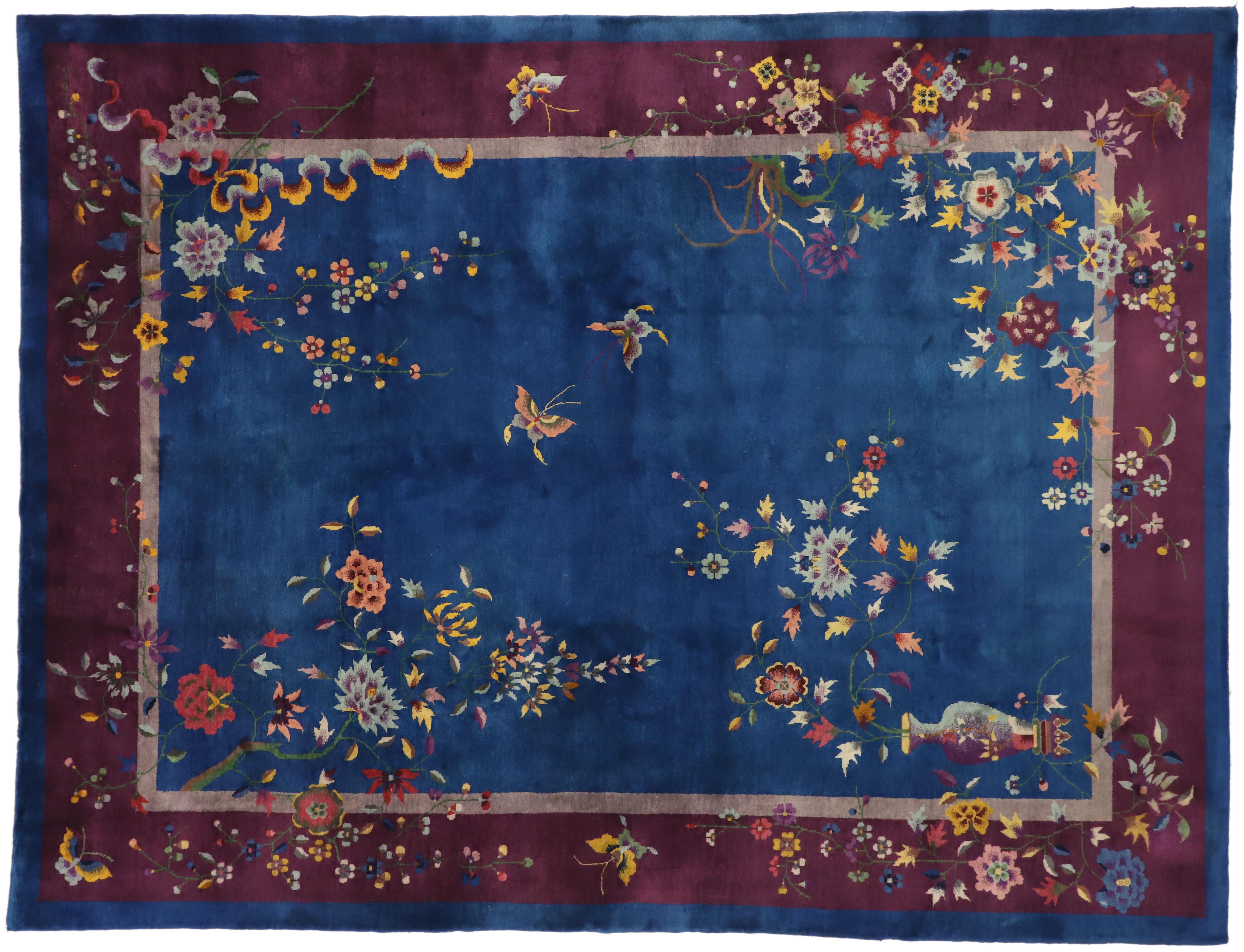 Wool Antique Blue Chinese Art Deco Rug  For Sale