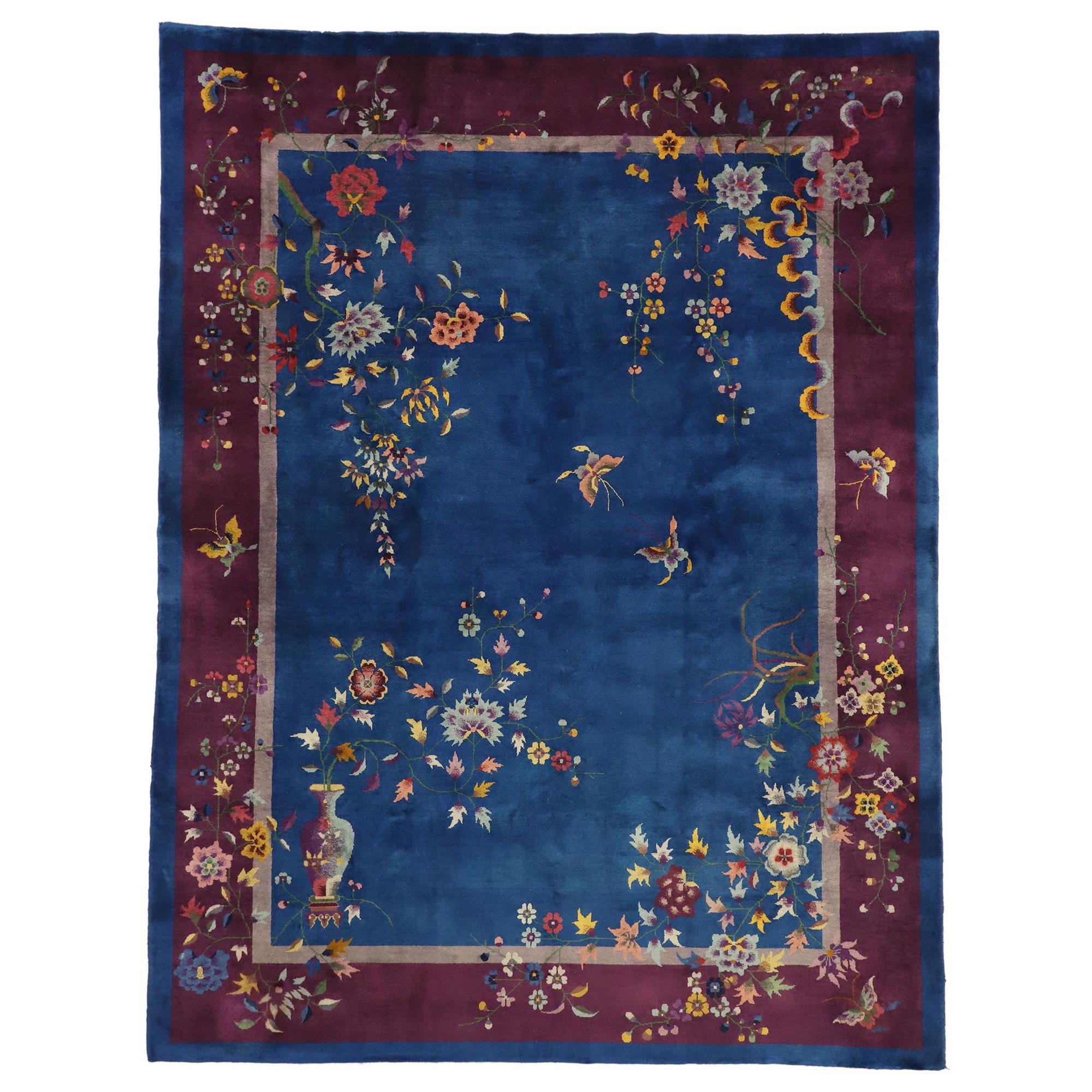 Antique Blue Chinese Art Deco Rug  For Sale
