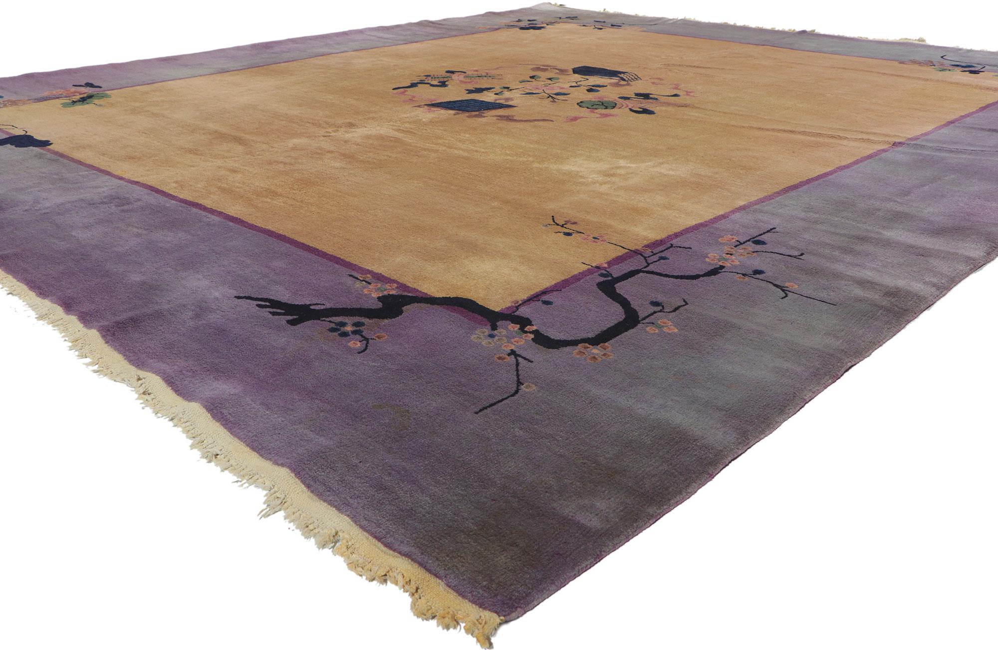 78185 Antique Chinese Art Deco Rug, 10'02 x 11'07. This hand-knotted wool antique Chinese pictorial rug features a colorblock field design. With its cold, arid climate ideal for raising sheep, Baotou, a city in the Inner Mongolia region of China,