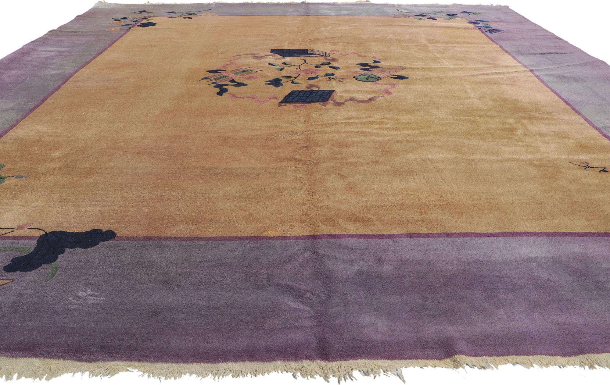 Art déco Ancien tapis chinois Art Déco Baotou avec photo d'un érudit en vente