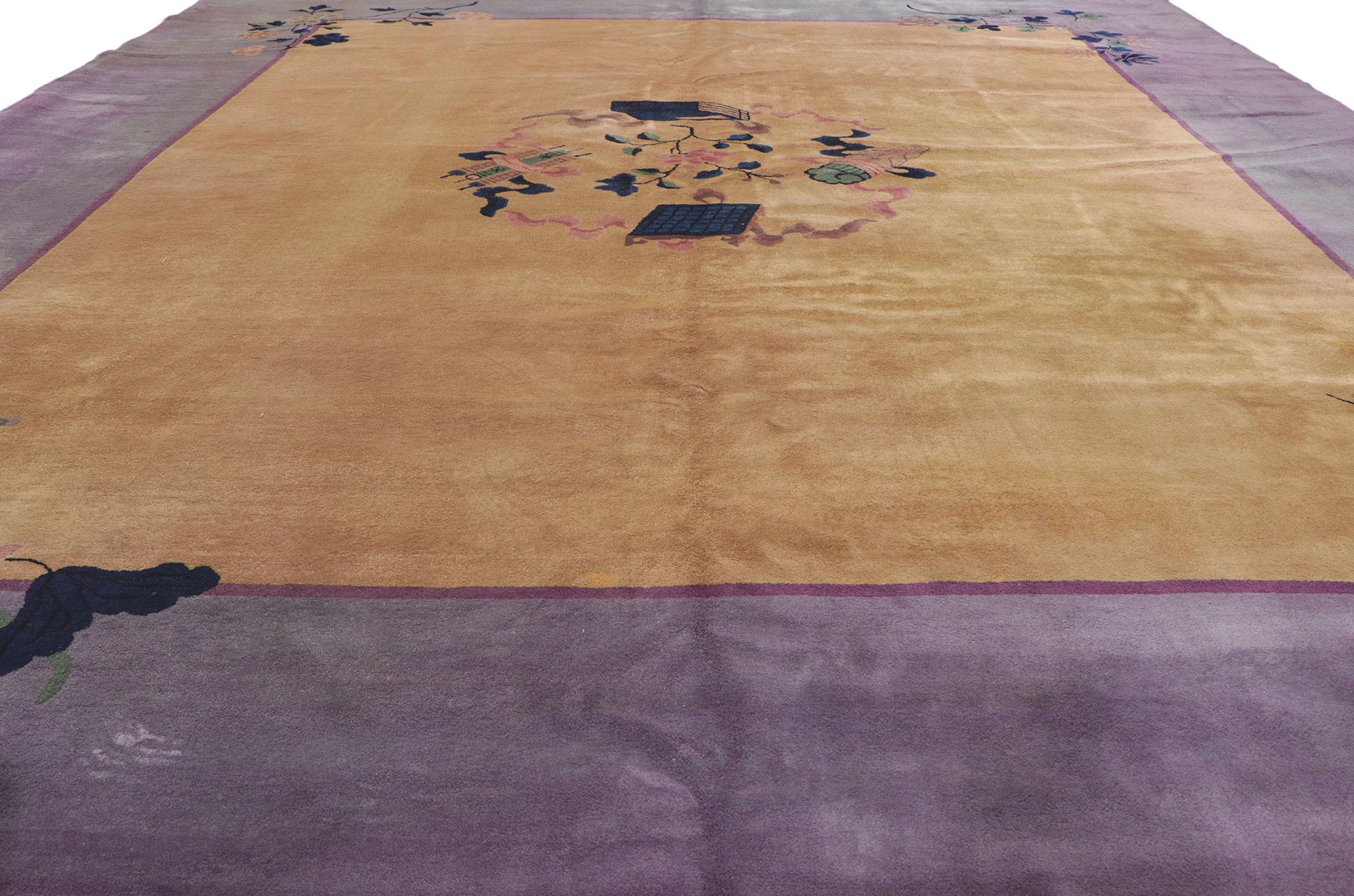 Chinois Ancien tapis chinois Art Déco Baotou avec photo d'un érudit en vente
