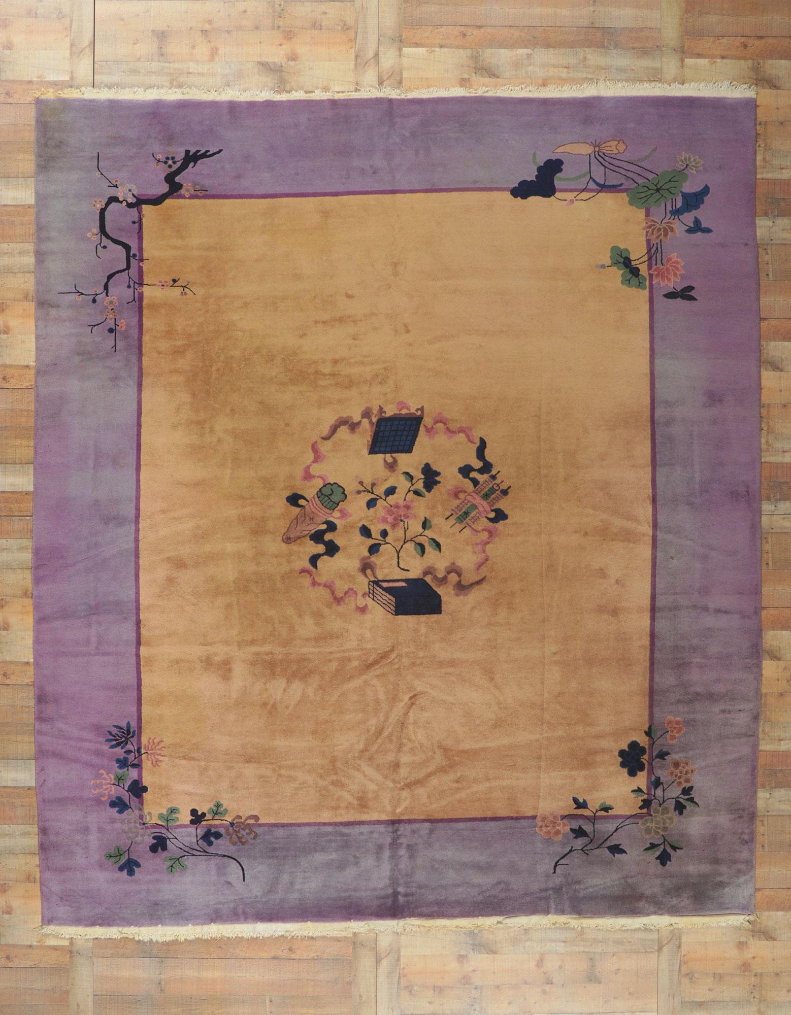 Laine Ancien tapis chinois Art Déco Baotou avec photo d'un érudit en vente