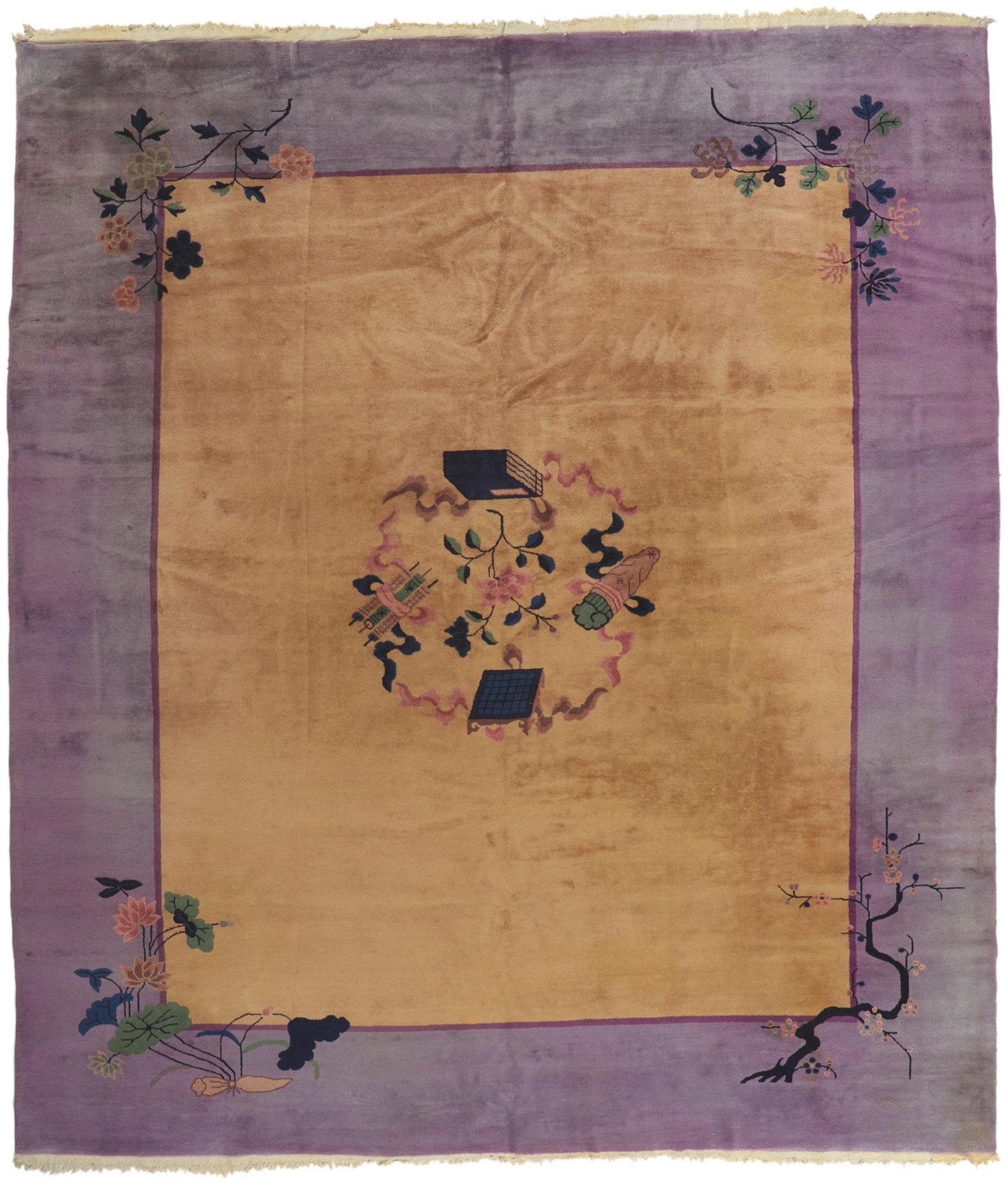 Ancien tapis chinois Art Déco Baotou avec photo d'un érudit en vente 1