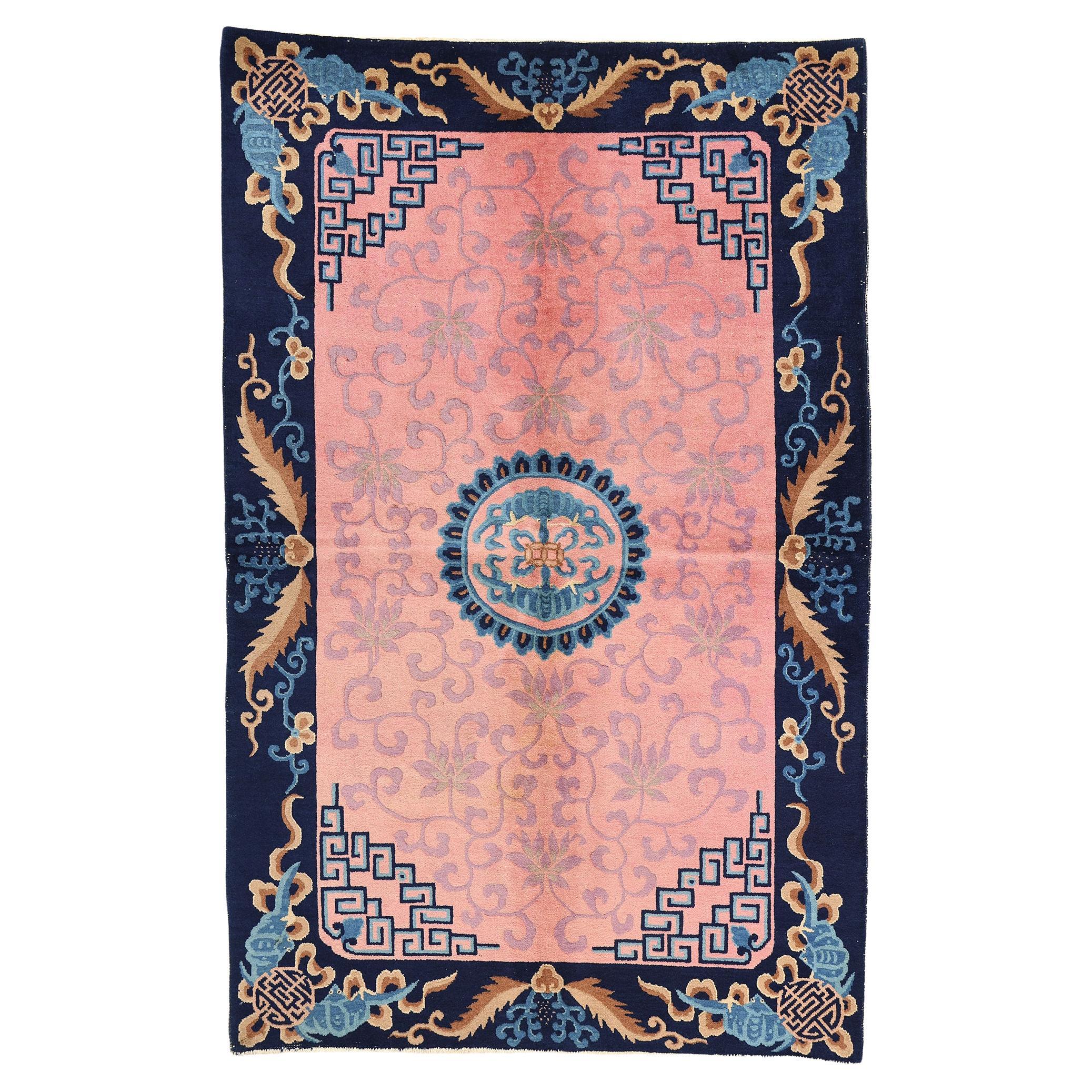 Antique Pink Chinese Art Deco Rug with Jazz Age Splendor For Sale