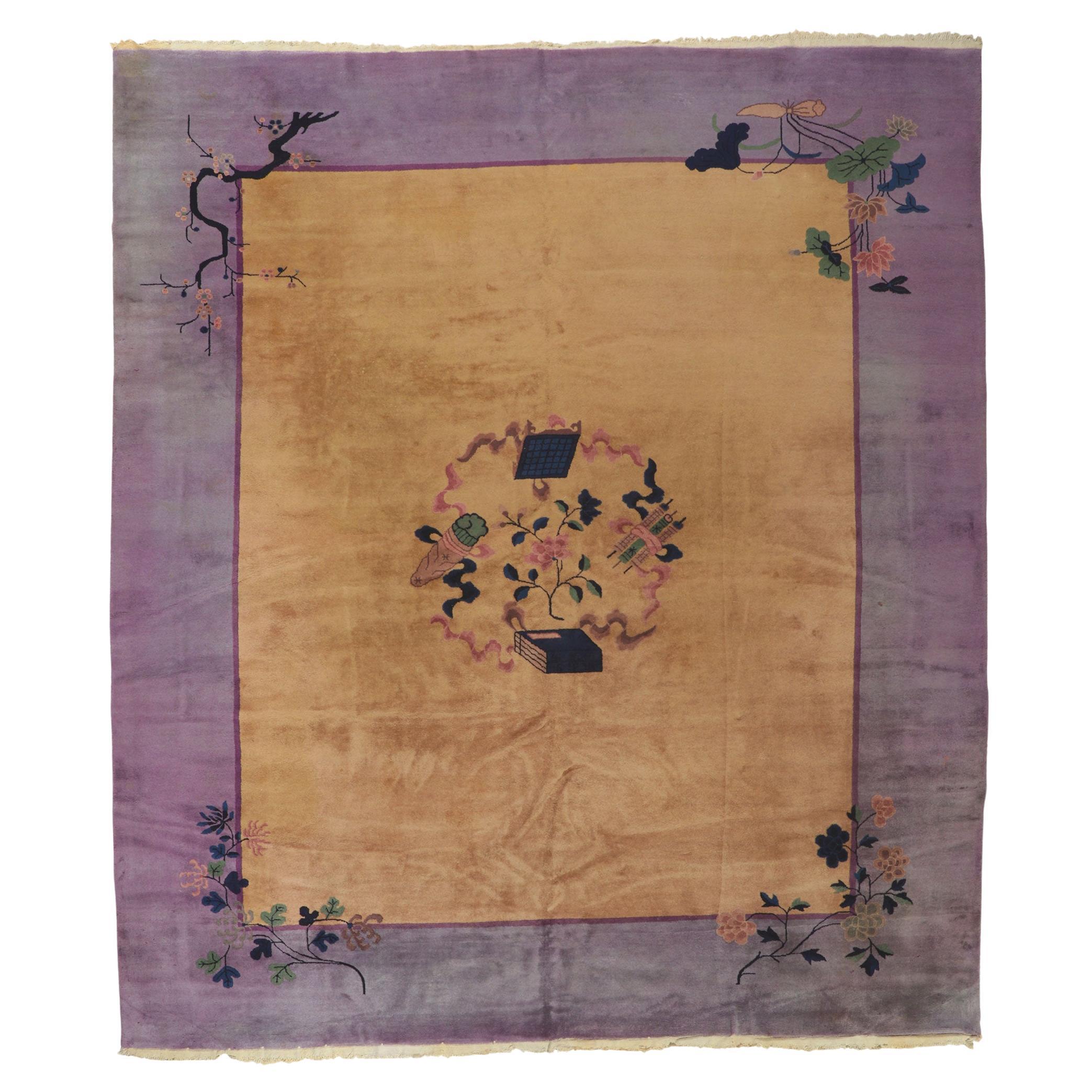 Ancien tapis chinois Art Déco Baotou avec photo d'un érudit en vente