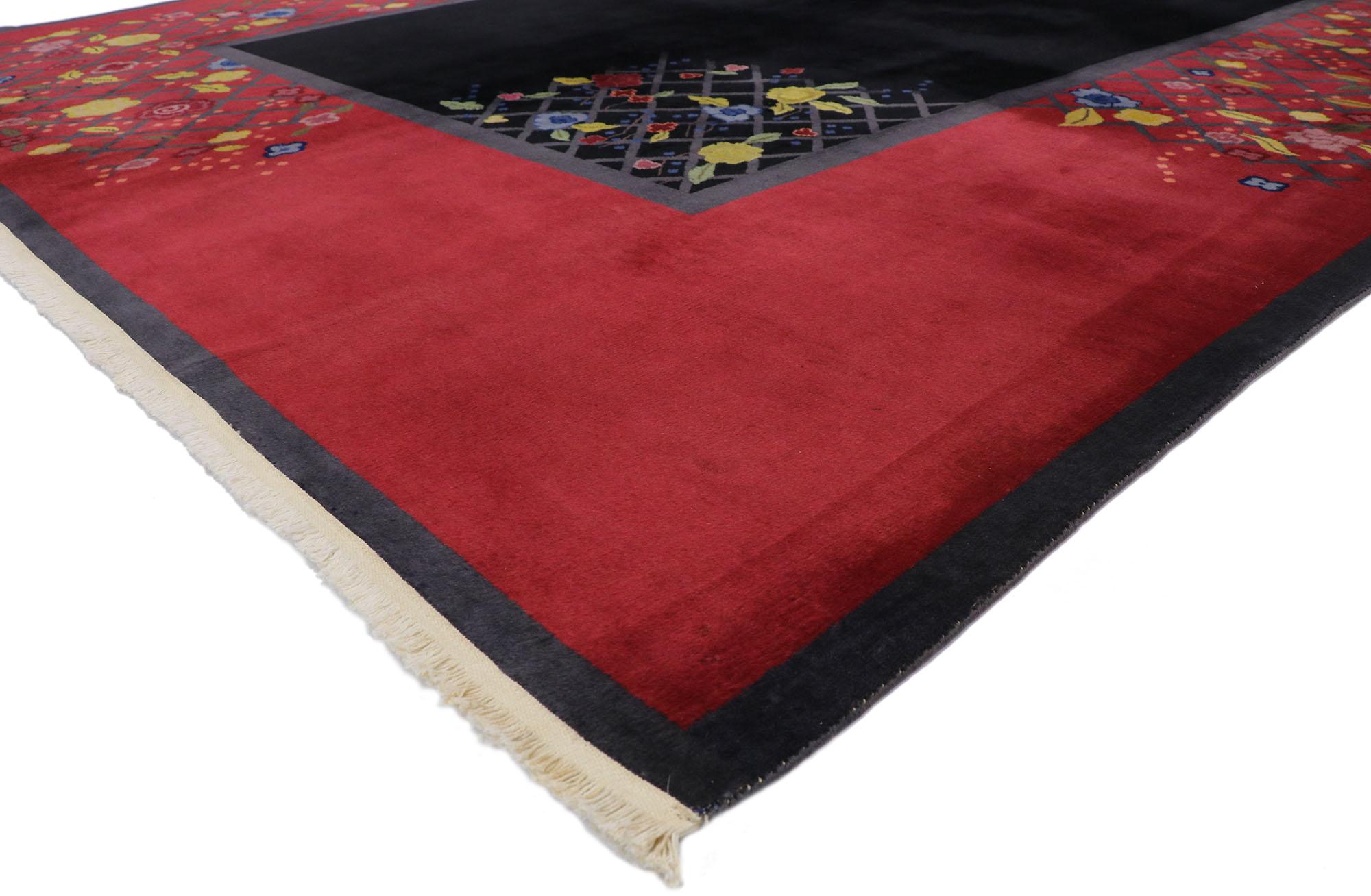76906 Antique Chinese Art Deco Rug, 08'09 x 11'03. A captivating dialogue between modernist minimalism and ancient symbolism, this exquisite hand-knotted wool rare Chinese Art Deco rug is a masterpiece of high design and storied elegance. Woven with