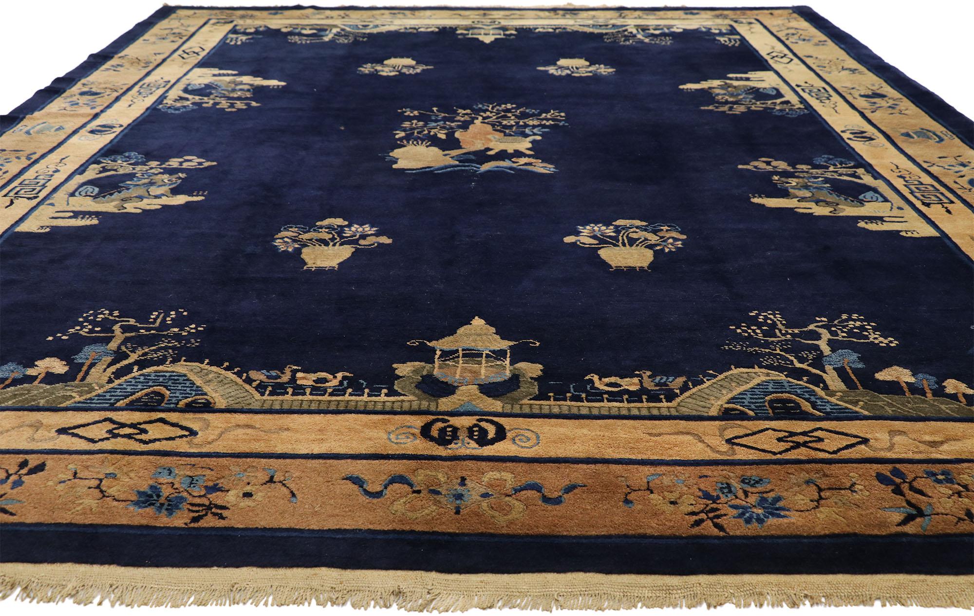 Hand-Knotted Antique Chinese Peking Rug with Landscape Scenes and Chinoiserie Style
