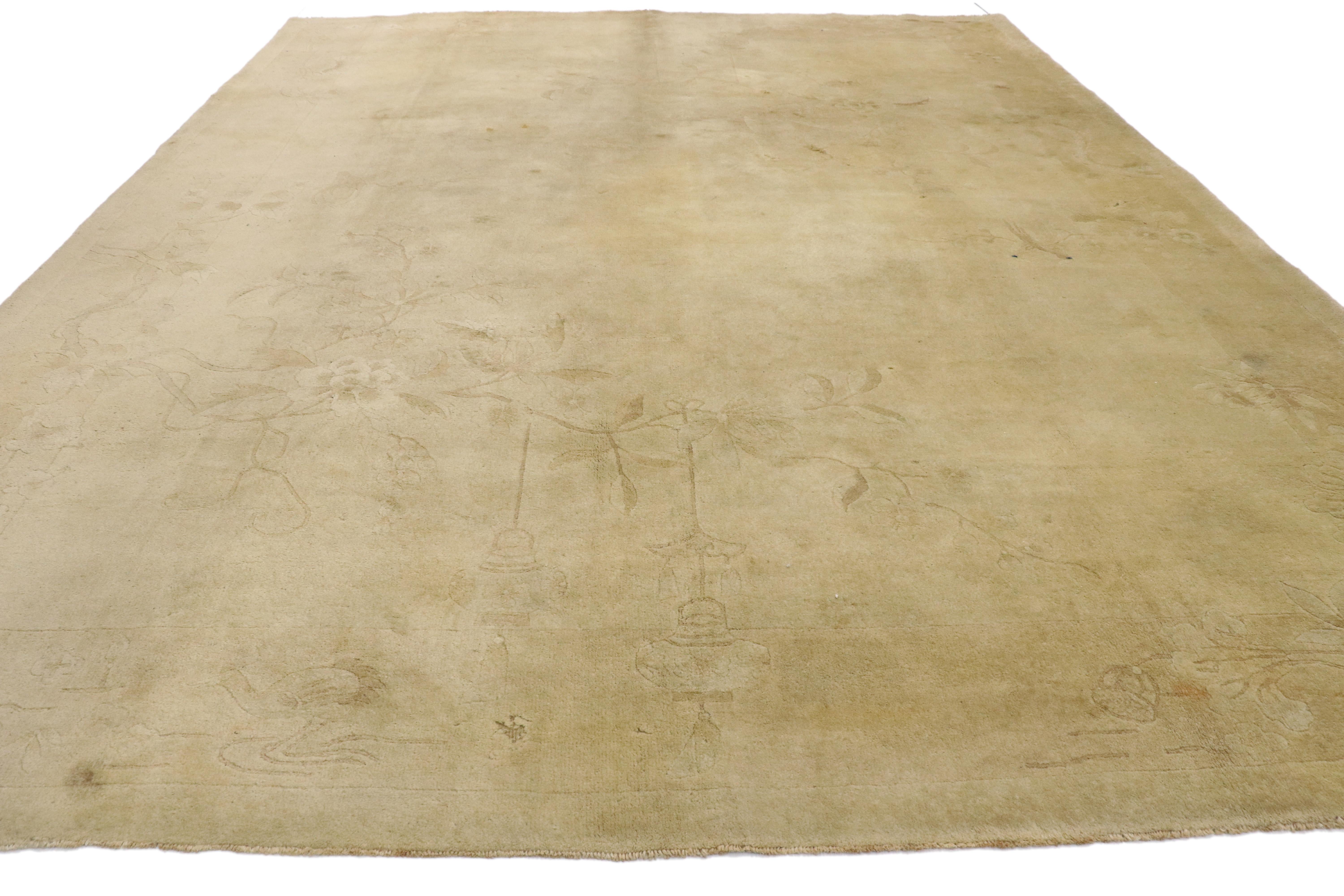 Hand-Knotted Antique Chinese Art Deco Rug with Minimalist Style