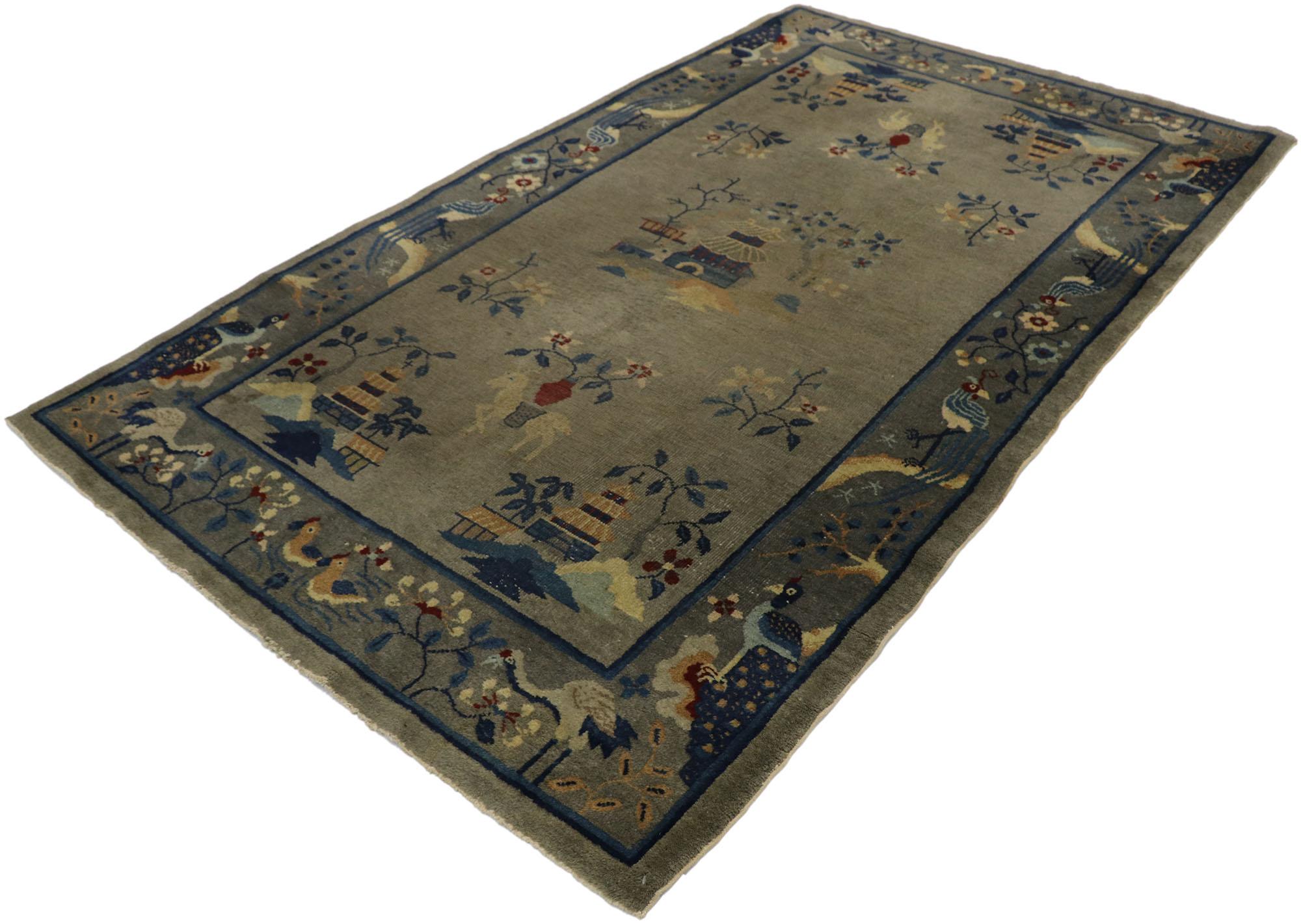 77557 antique Chinese Art Deco rug with Pictorial design. This hand knotted wool antique Chinese Art Deco pictorial rug features a variety of traditional Chinese motifs spread across an abrashed gray field. Floating in the center of the field, a