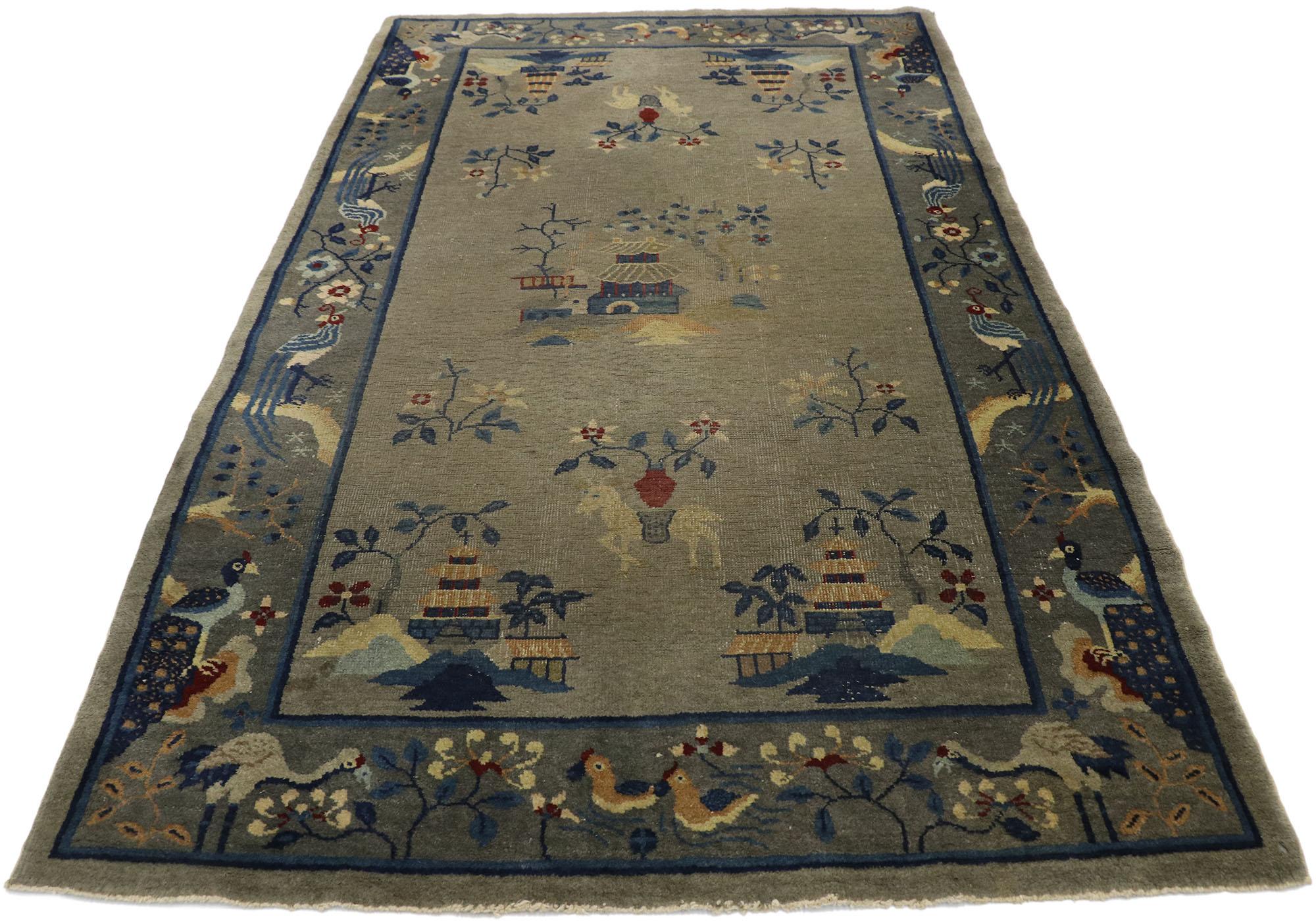 20th Century Antique Chinese Art Deco Rug with Pictorial Design For Sale