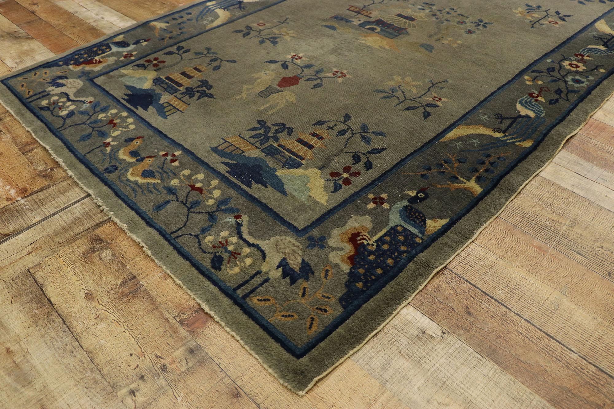 Wool Antique Chinese Art Deco Rug with Pictorial Design For Sale