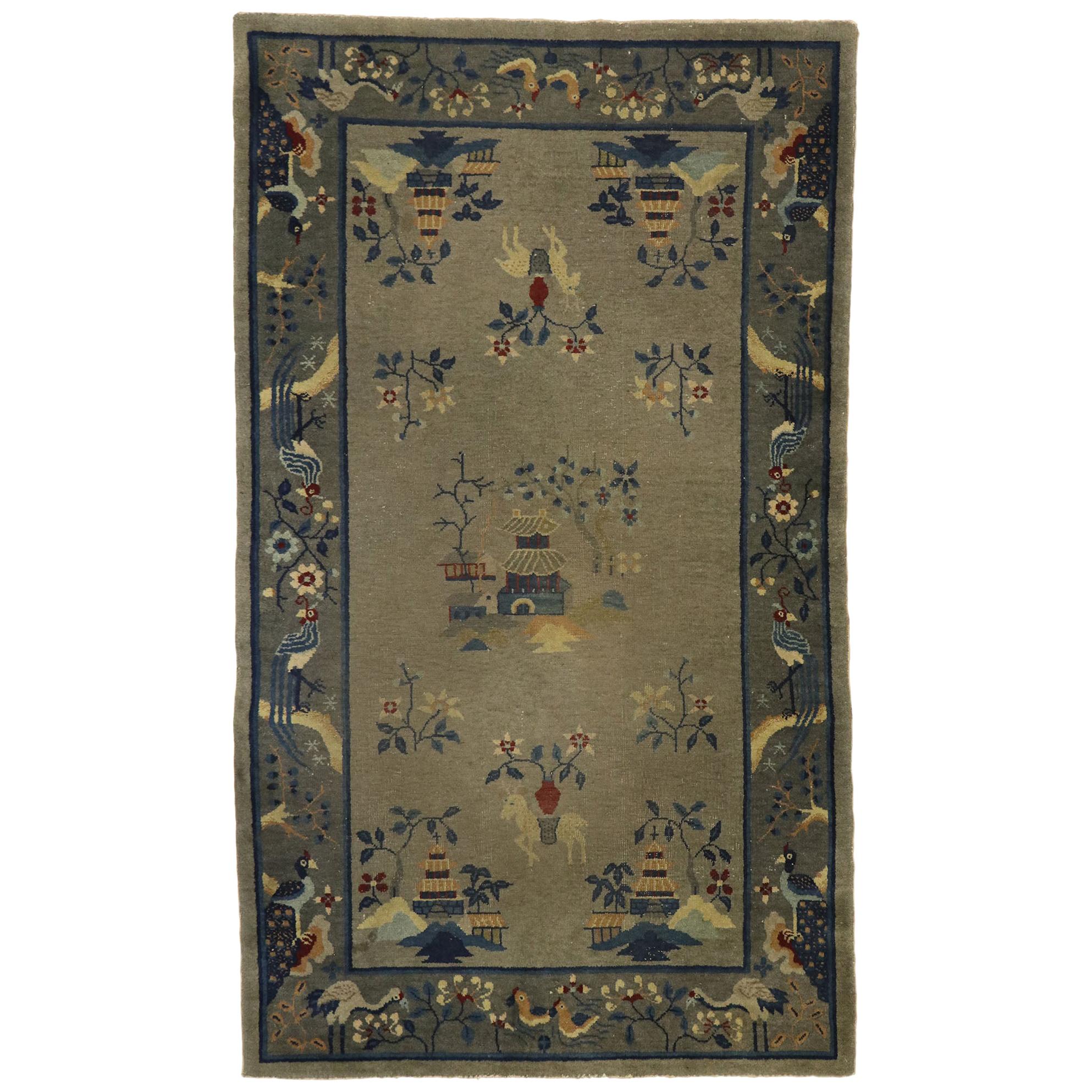 Antique Chinese Art Deco Rug with Pictorial Design For Sale