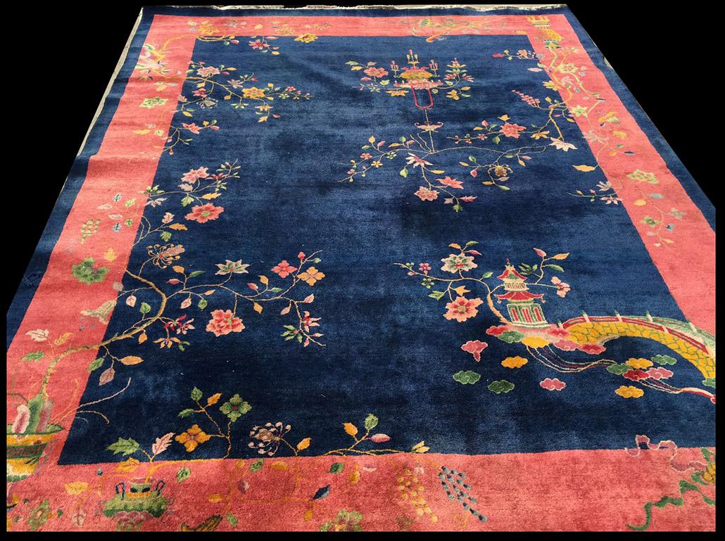 Antique Chinese Art Deco rug with blue color and 9'3