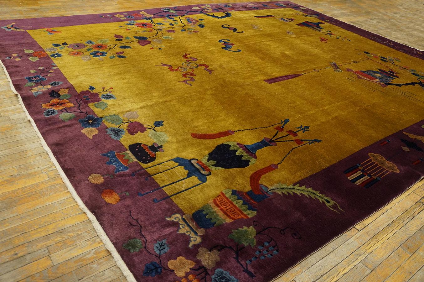 11920s Chinese Art Deco Carpet by Nichols Workshop with a yellow background and purple border
( 11'10