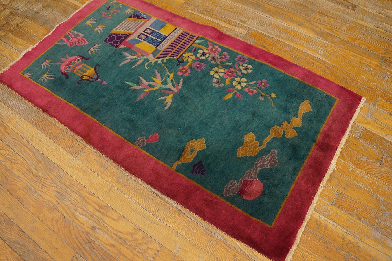 Hand-Knotted 1920s Chinese Art Deco Carpet ( 2' 6'' x 4' 5'' - 76 x 134 cm ) For Sale