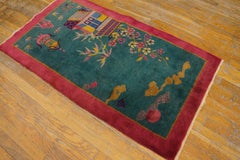1920s Green Floral Antique Chinese Art Deco Rug 2'6''x 4'5'' Knotted Wool Carpet