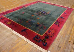 1920s Gray Floral Antique Chinese Art Deco Rug 8'10''x11'6'' Knotted Wool Carpet