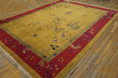 1920s Yellow Floral Antique Chinese Art Deco Rug 9'x11'6'' Knotted Wool Carpet