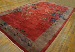 1920s Red Floral Antique Chinese Art Deco Carpet 9' X 13'9" Wool Rug Knotted