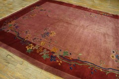 1920s Pink Rose Floral Antique Chinese Art Deco Carpet 9'x11'7" Knotted Wool Rug