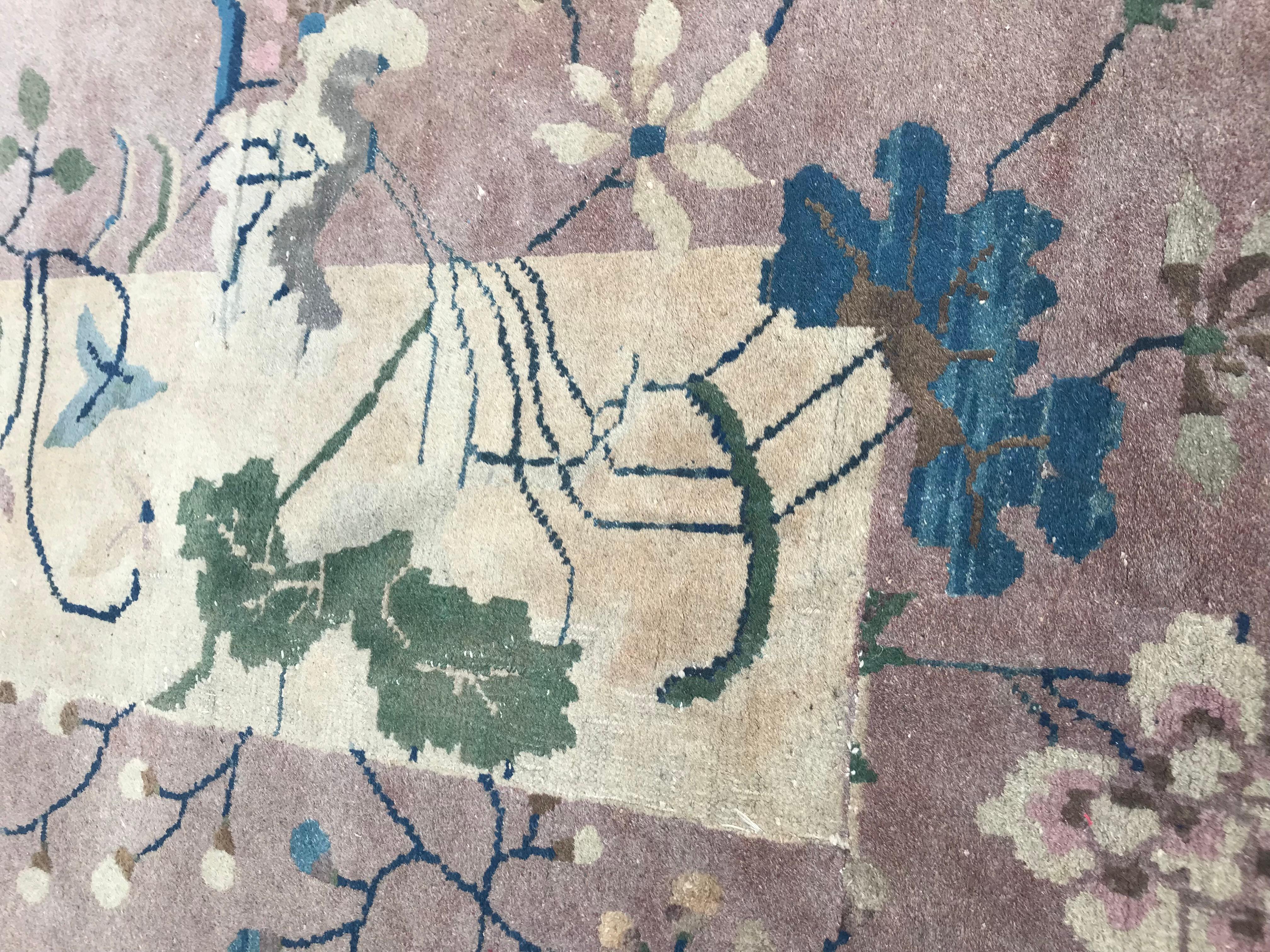 Very beautiful antique Chinese composite rug in shape of runner with a beautiful Chinese Art Deco design, circa 1900, entirely hand knotted with wool velvet on cotton foundation.