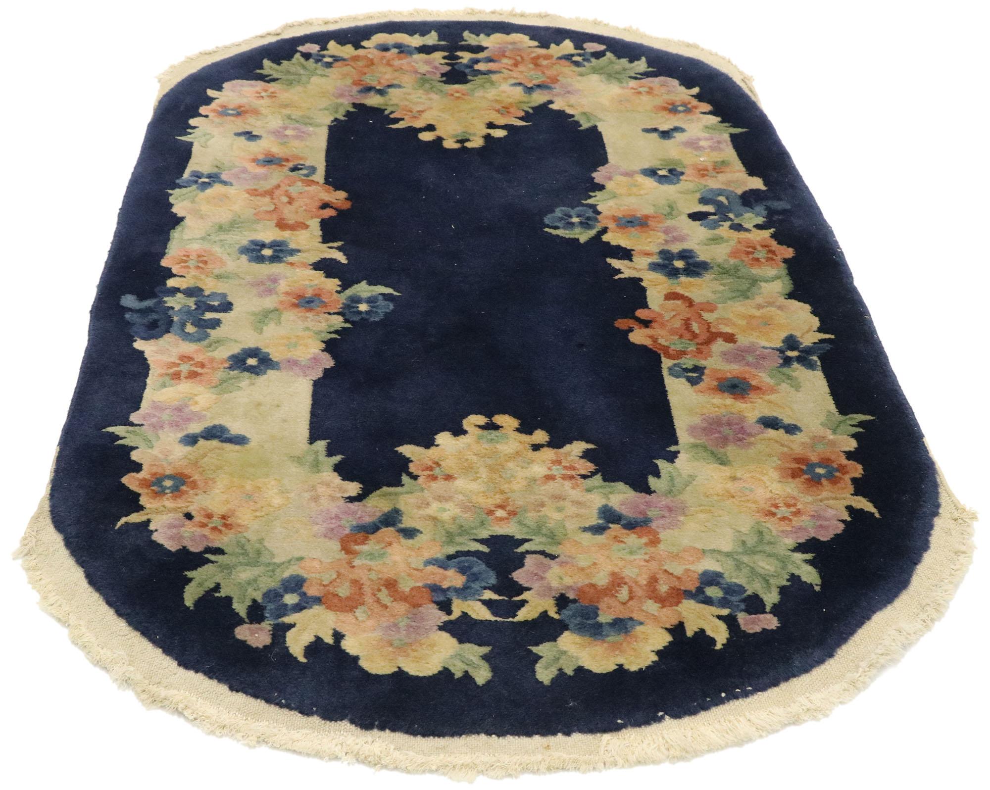 Hand-Knotted Antique Chinese Art Deco Style Oval Rug with Romantic Chinoiserie Style For Sale